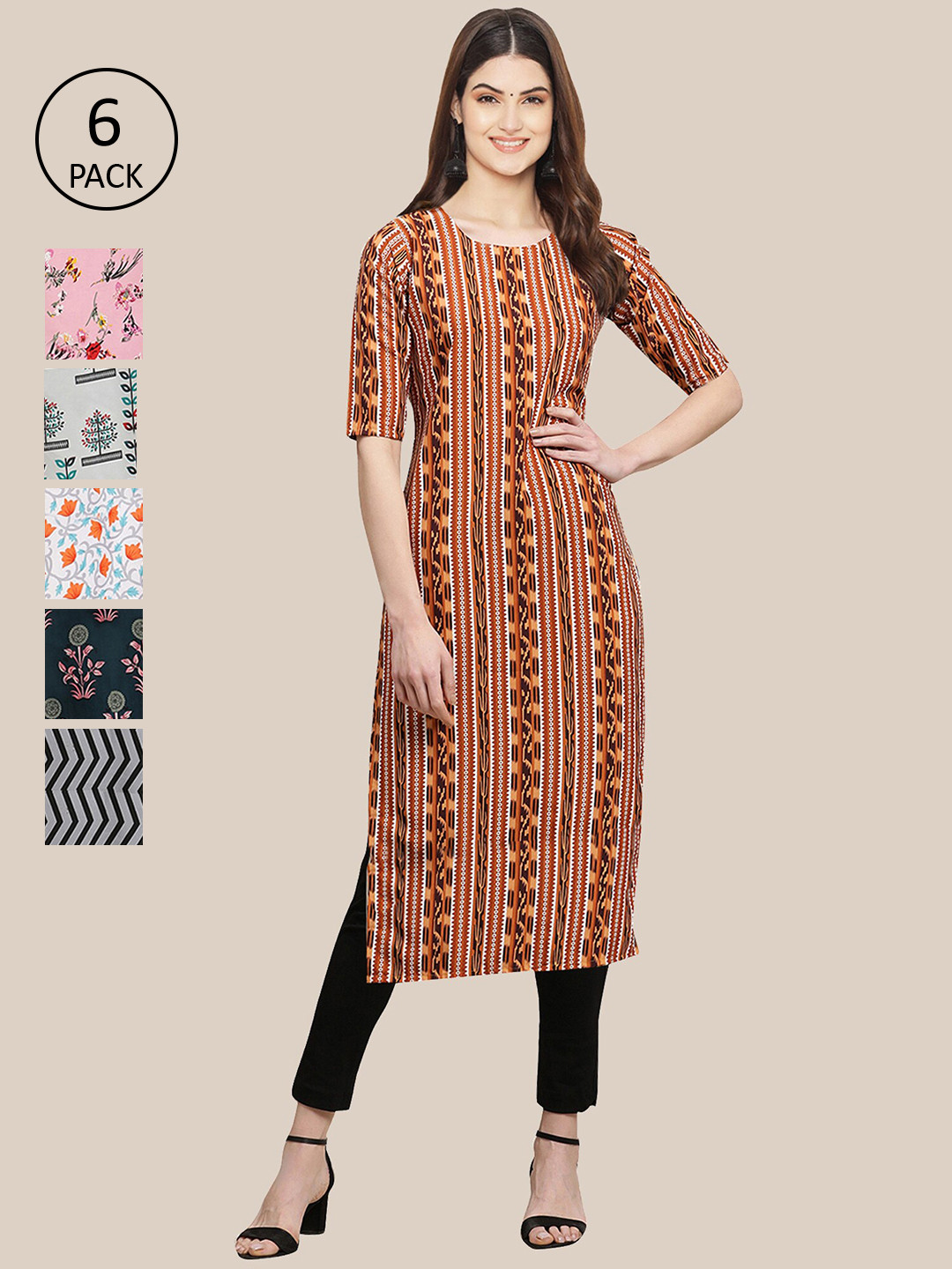 

Ethnic basket Women Pack Of 6 Geometric Printed Summer Sheers Crepe Kurta, Multi