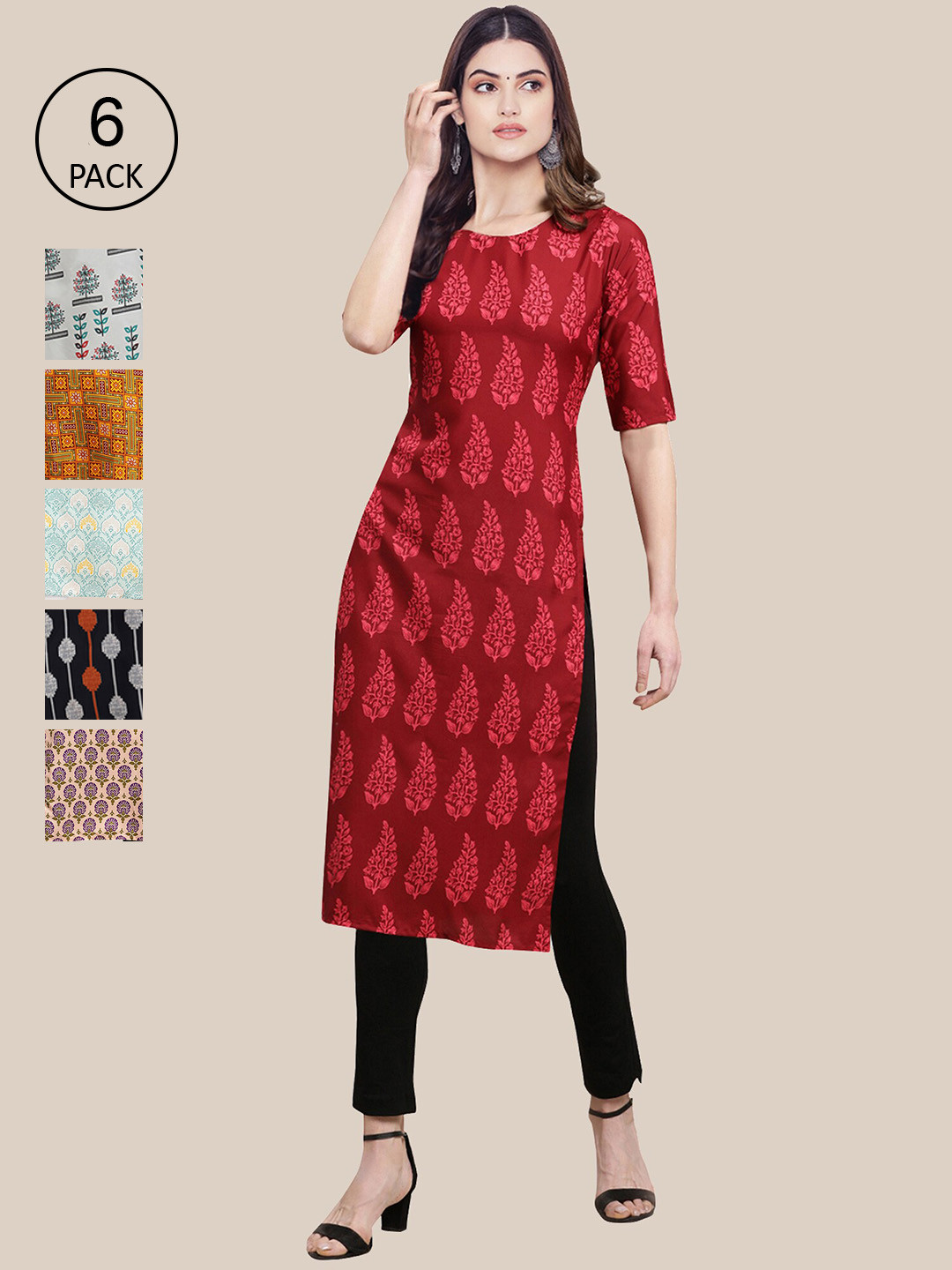 

Ethnic basket Women Red & Orange Pack Of 6 Geometric Printed Summer Sheers Crepe Kurta