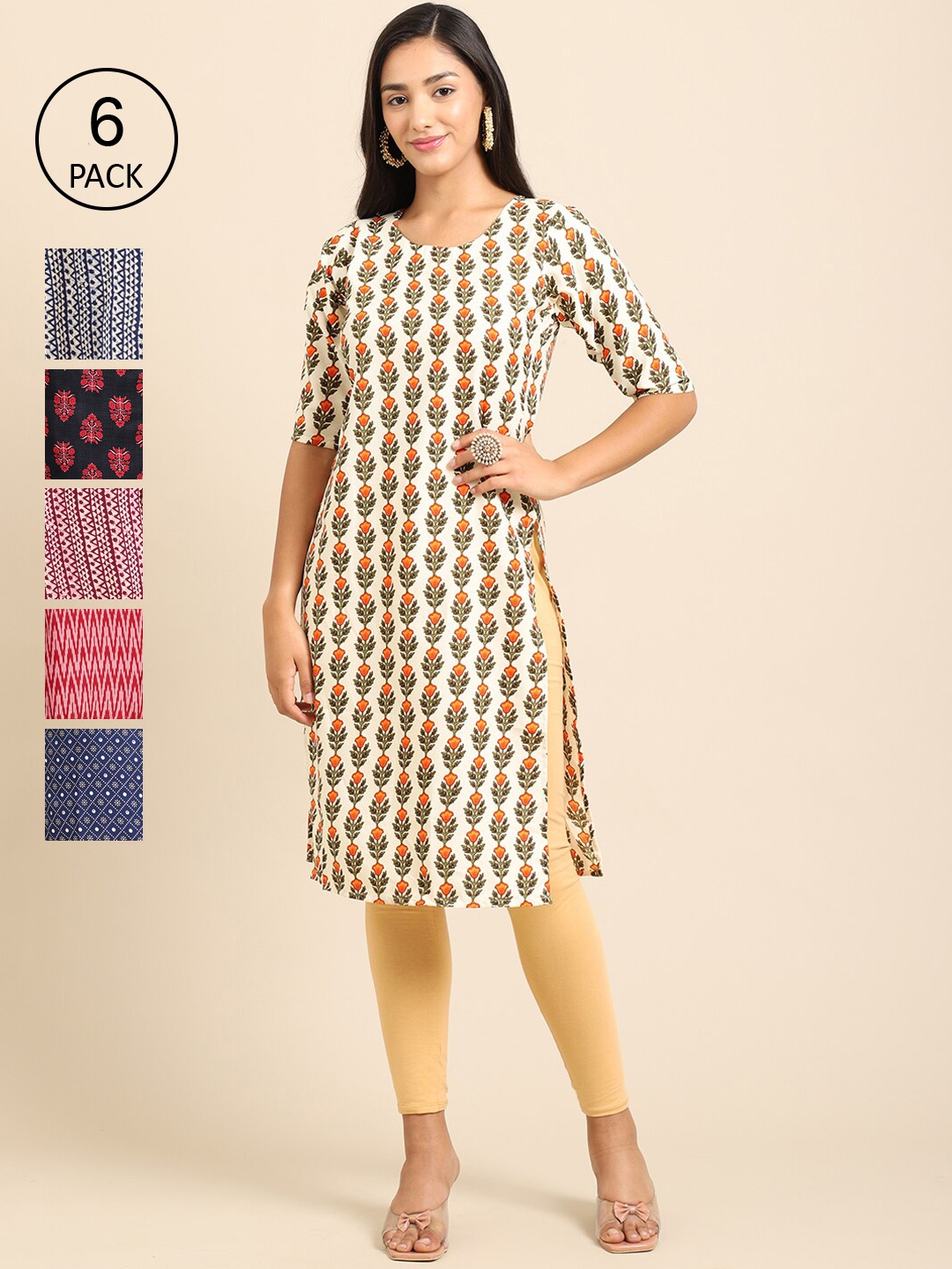 

Ethnic basket Women Pack Of 6 Multicoloured Geometric Printed Crepe Kurta, Multi