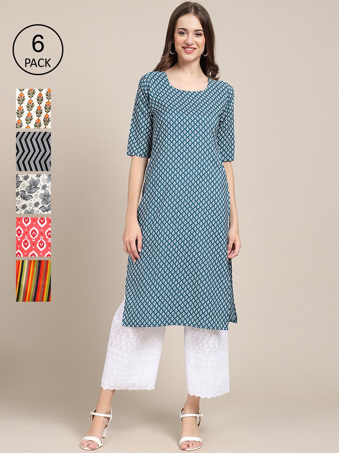 

Ethnic basket Women Pack of 6 Floral Printed Summer Sheers Crepe Kurta, Blue