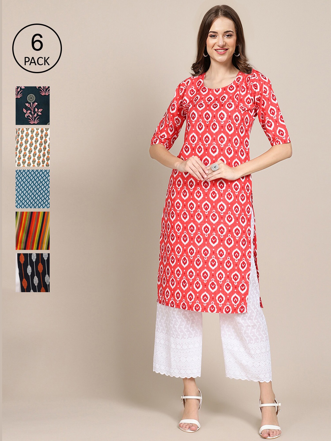 

Ethnic basket Women Pack Of 6 Red & Black Printed Crepe Kurta
