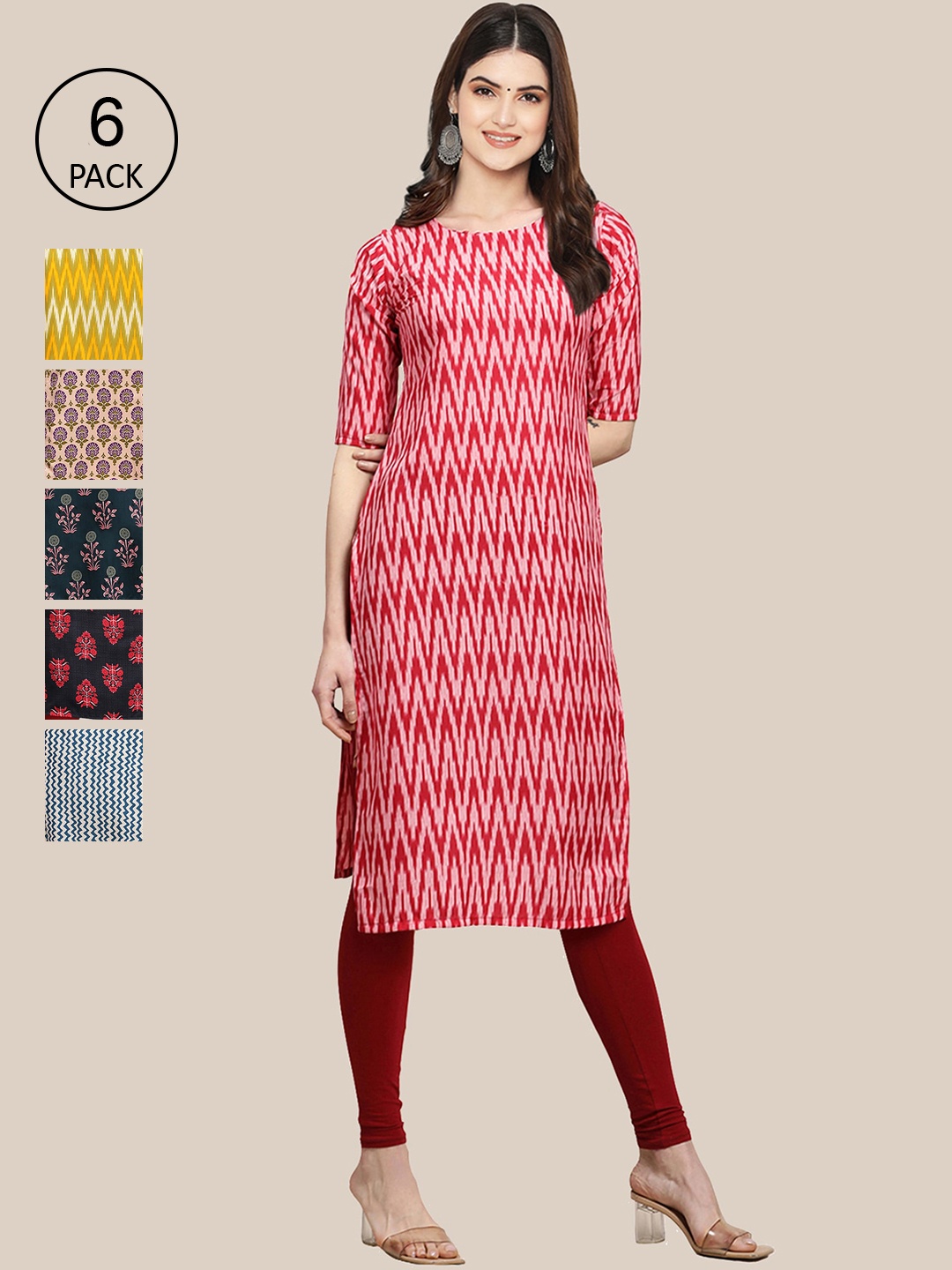 

Ethnic basket Women Pack of 6Summer Sheers Crepe Kurta, Pink