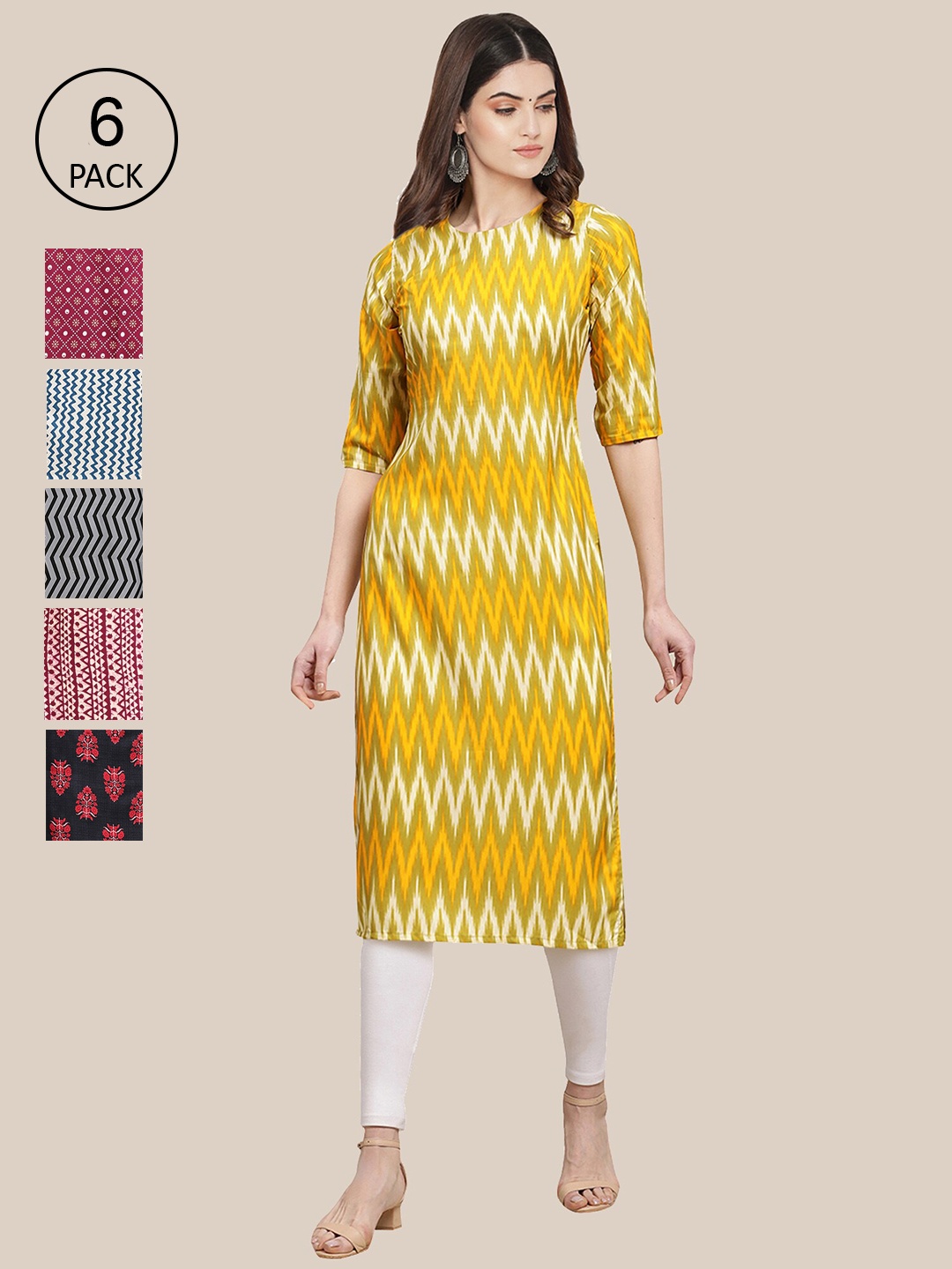 

Ethnic basket Women Pack of 6 Ethnic Motifs Printed Crepe Kurta, Multi