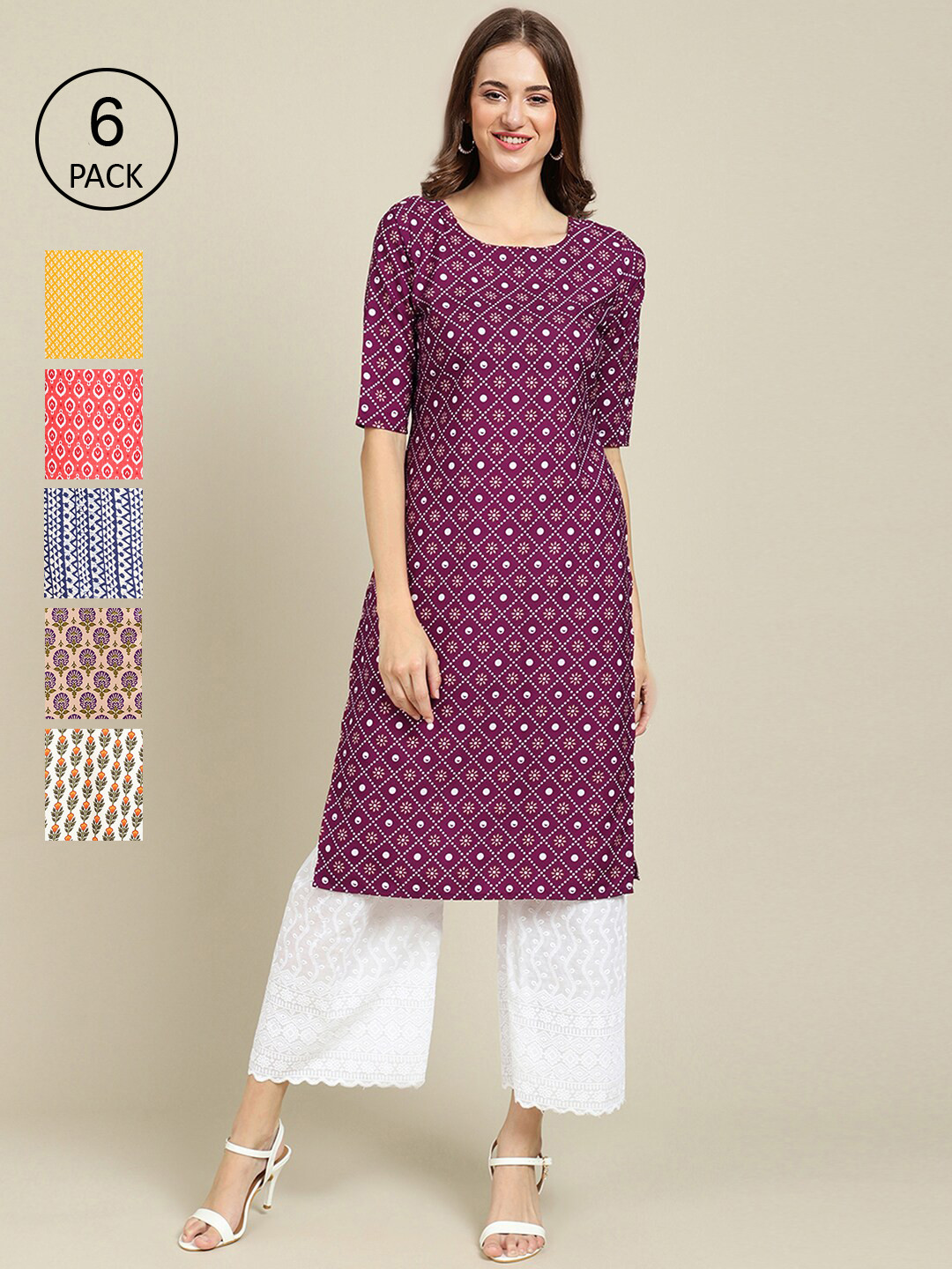 

Ethnic basket Pack of 6 Women Yellow & Off White Ethnic Motifs Summer Sheers Crepe Kurta