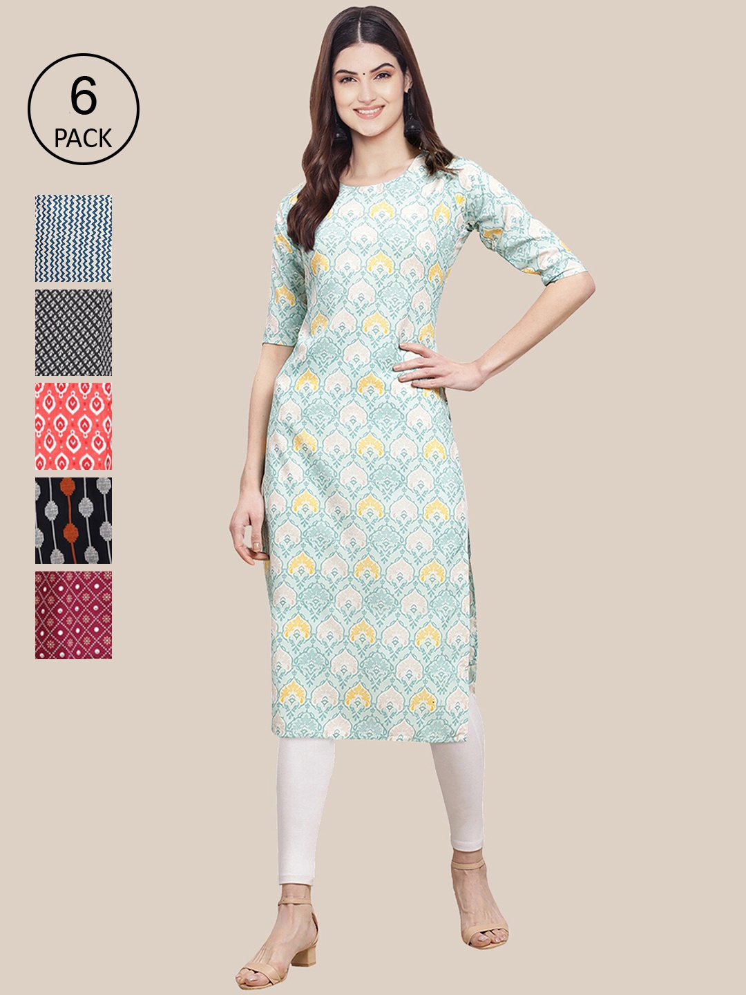 Ethnic basket Women Pack of 6 Women Printed Straight Crepe Kurta, Multi
