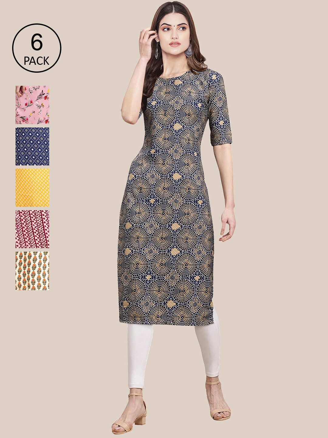 

Ethnic basket Women Pack Of 6 Geometric Printed Summer Sheers Crepe Kurta, Multi