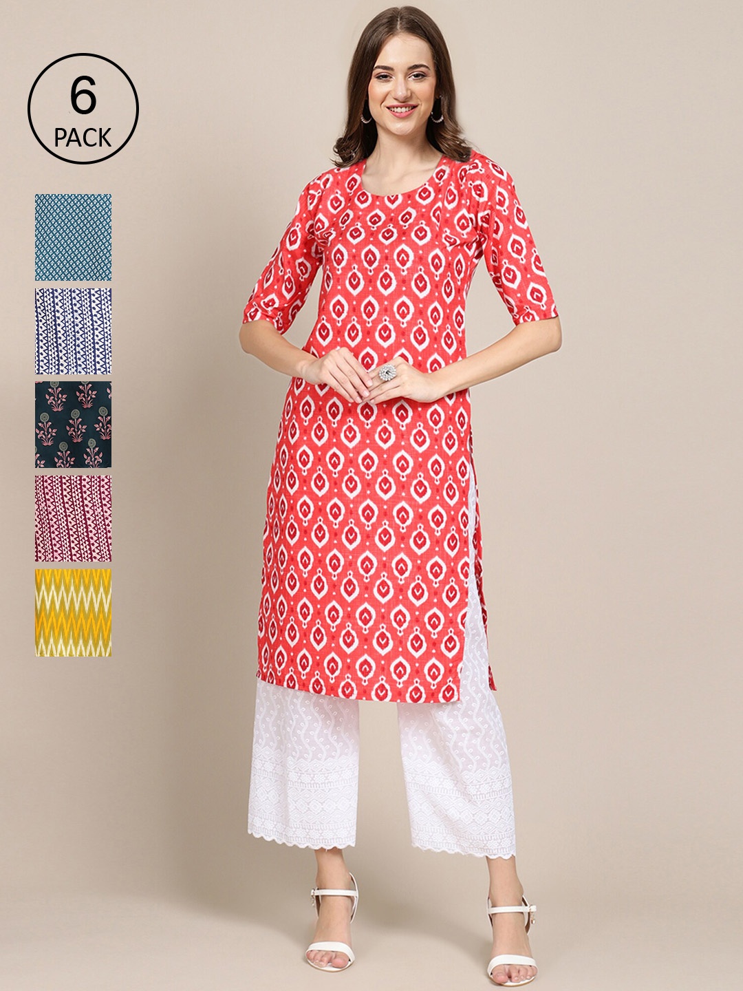 

Ethnic basket Women Pack Of 6 Summer Sheers Crepe Kurta, Pink