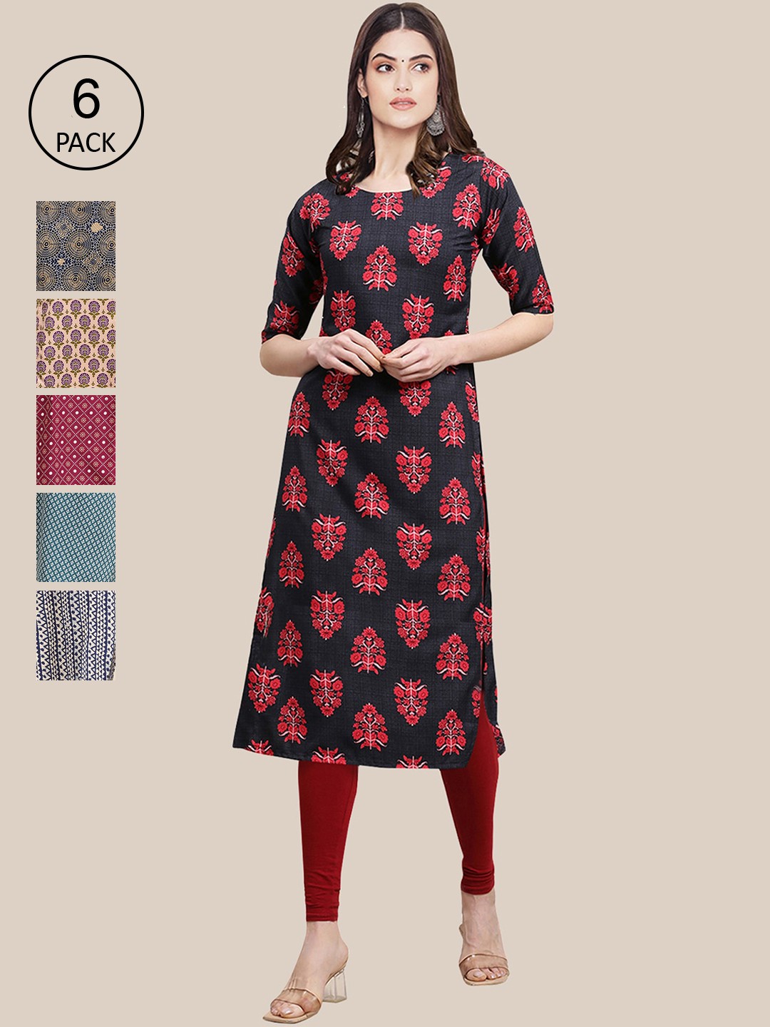 

Ethnic basket Women Pack of 6 Black & Grey Ethnic Motifs Printed Crepe Kurta