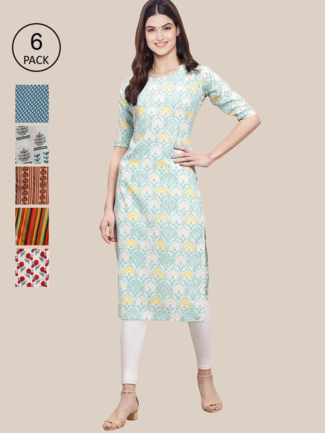 

Ethnic basket Women Blue & Maroon Pack of 6 Geometric Printed Crepe Kurtas