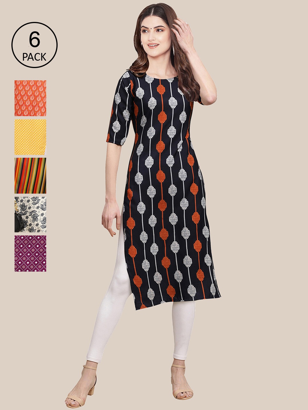 

Ethnic basket Women Black And Red Printed Summer Sheers Crepe Kurta [PACK OF 6]