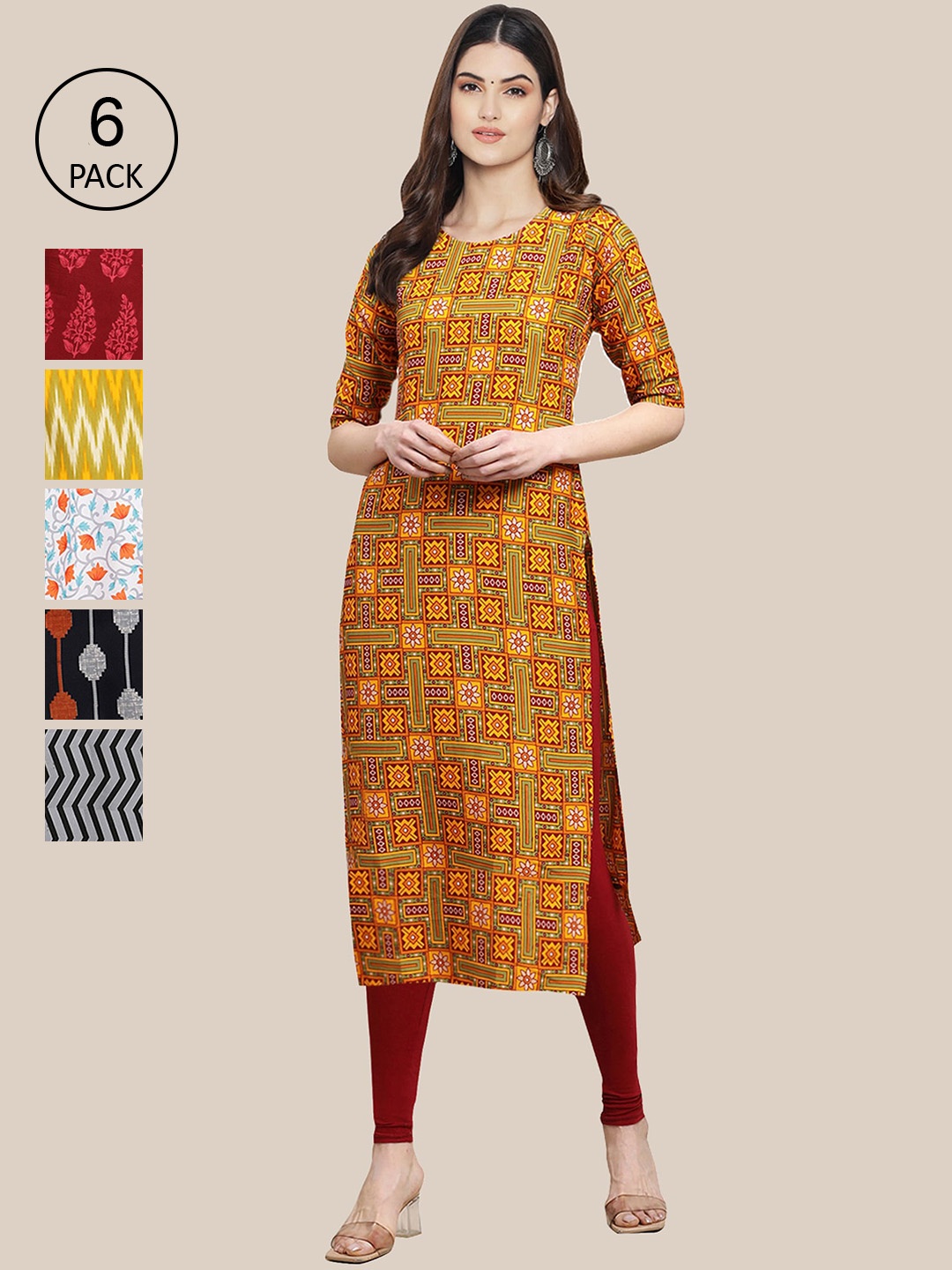 

Ethnic basket Women Pack Of 6 Printed Crepe Kurta, Multi