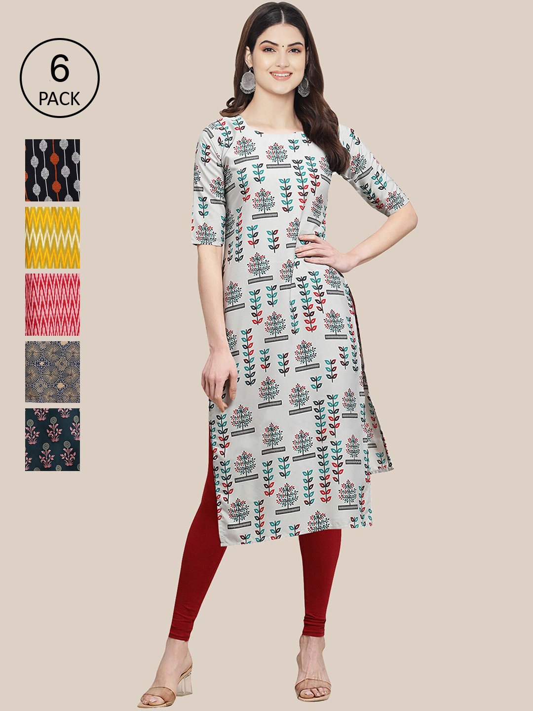 

Ethnic basket Women Pack of 6 Ethnic Motifs Printed Crepe Kurta, Black