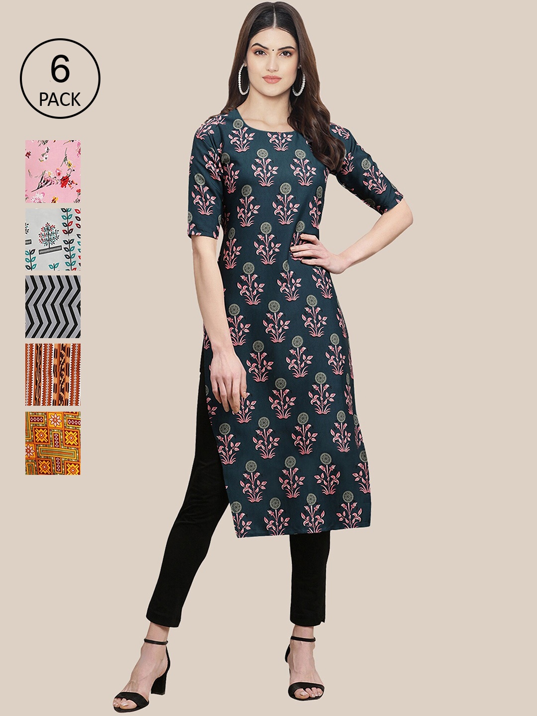 

Ethnic basket Women Pack of 6 Digital Printed Crepe Straight Kurtas, Green