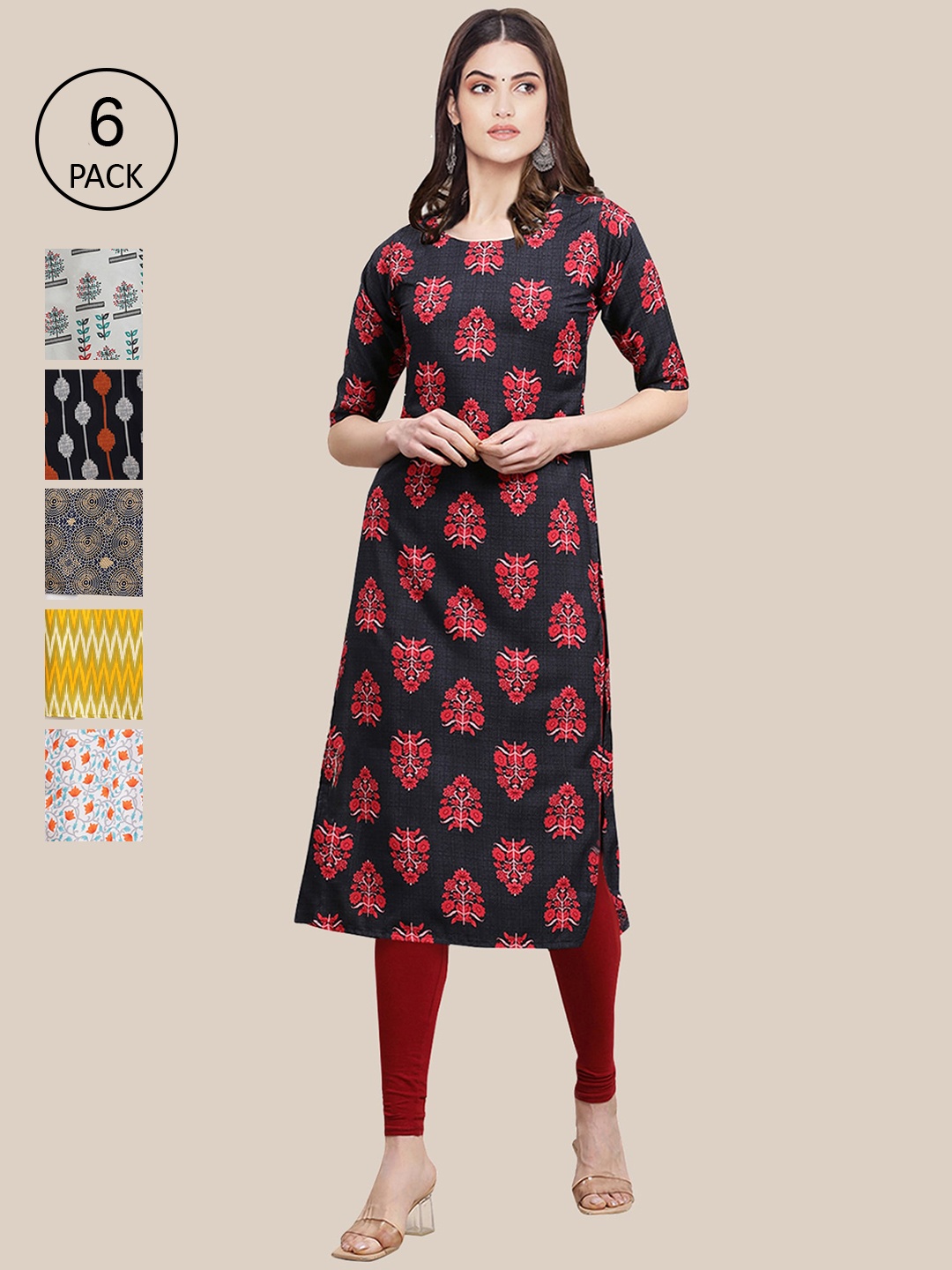 

Ethnic basket Women Pack Of 6 Multicoloured Geometric Printed Crepe Kurta, Multi