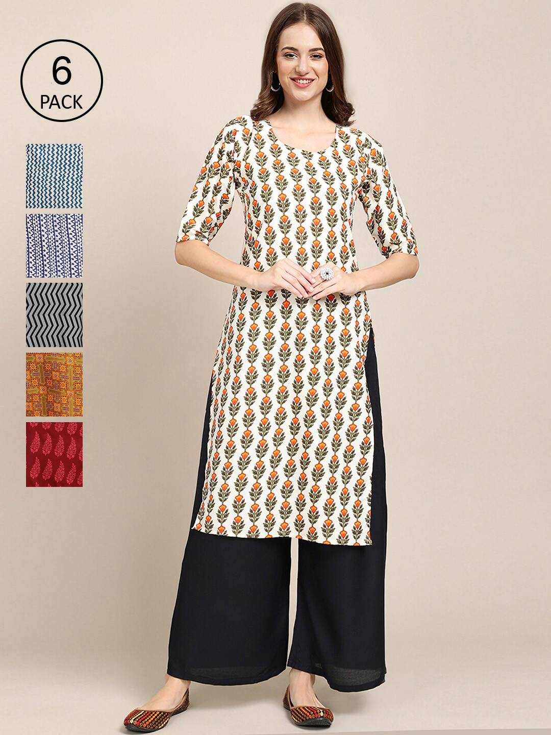 

Ethnic basket Women Pack of 6 Ethnic Motifs Striped Summer Sheers Crepe Kurta, Beige