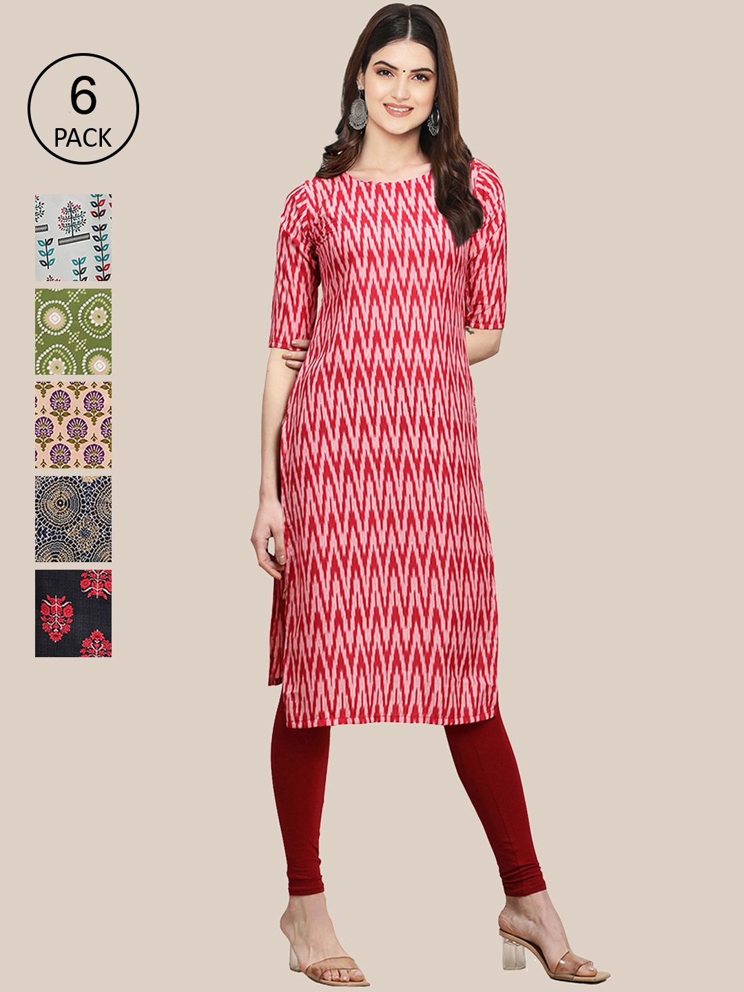 

Ethnic basket Women Pack Of 6 Ethnic Motifs Printed Crepe Kurta, Maroon