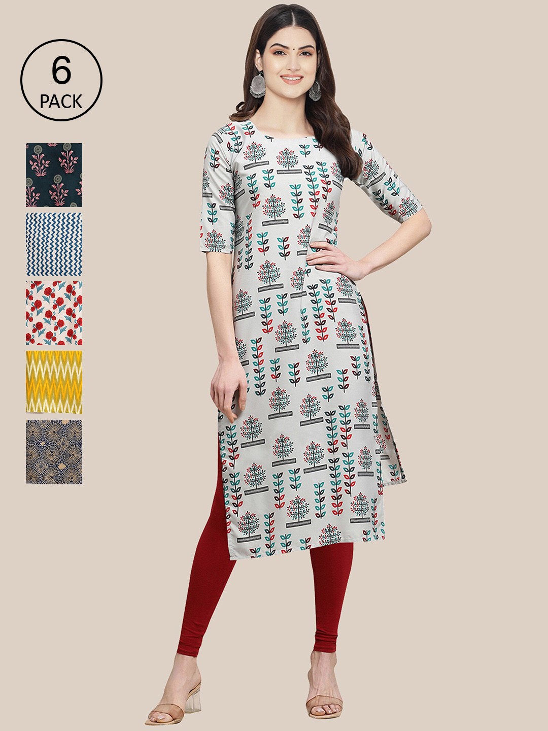 

Ethnic basket Women Pack of 6 Printed Crepe Kurtas, Multi