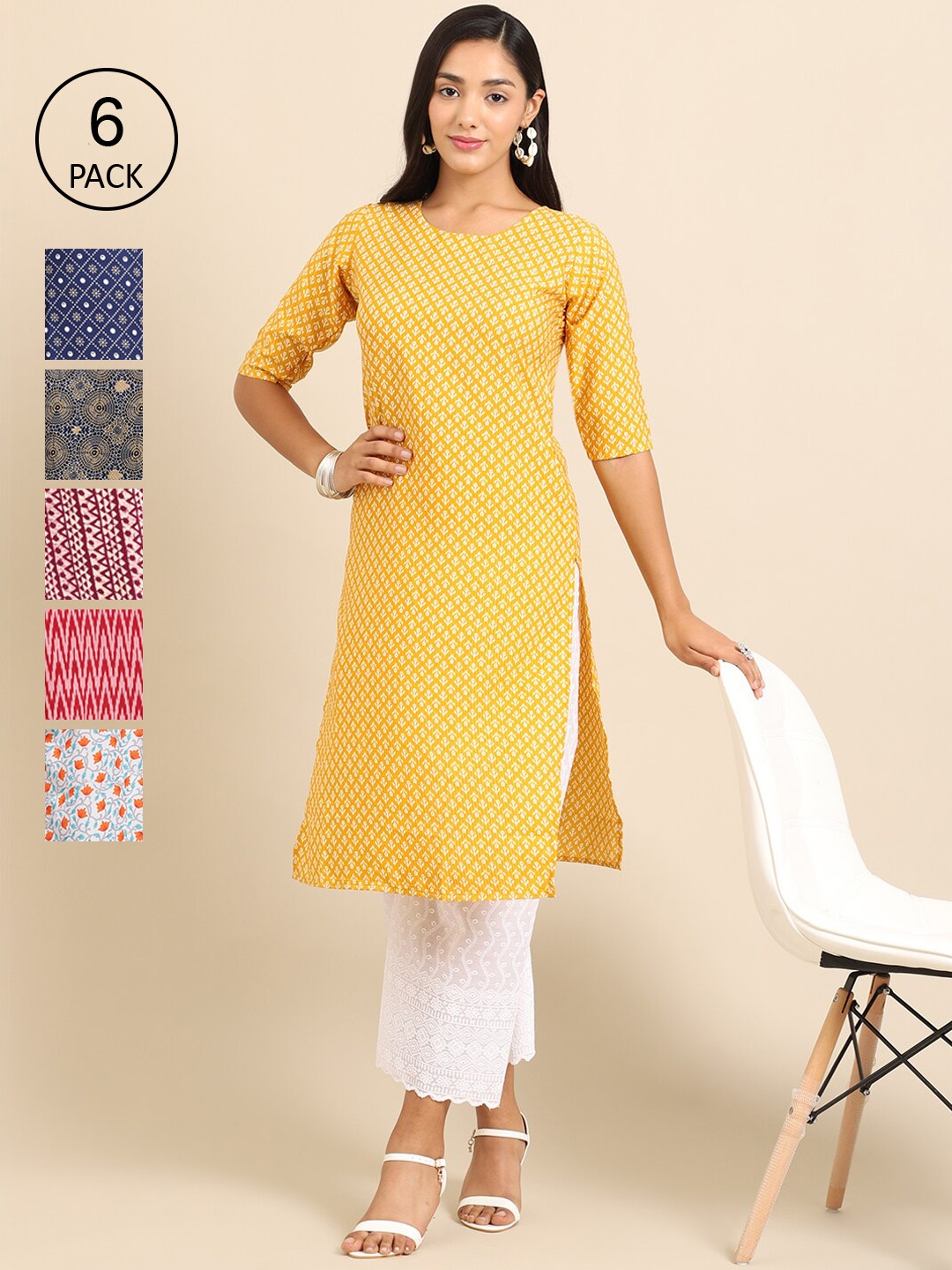

Ethnic basket Women Pack of 6 Ethnic Motifs Printed Summer Sheers Crepe Kurta, Yellow