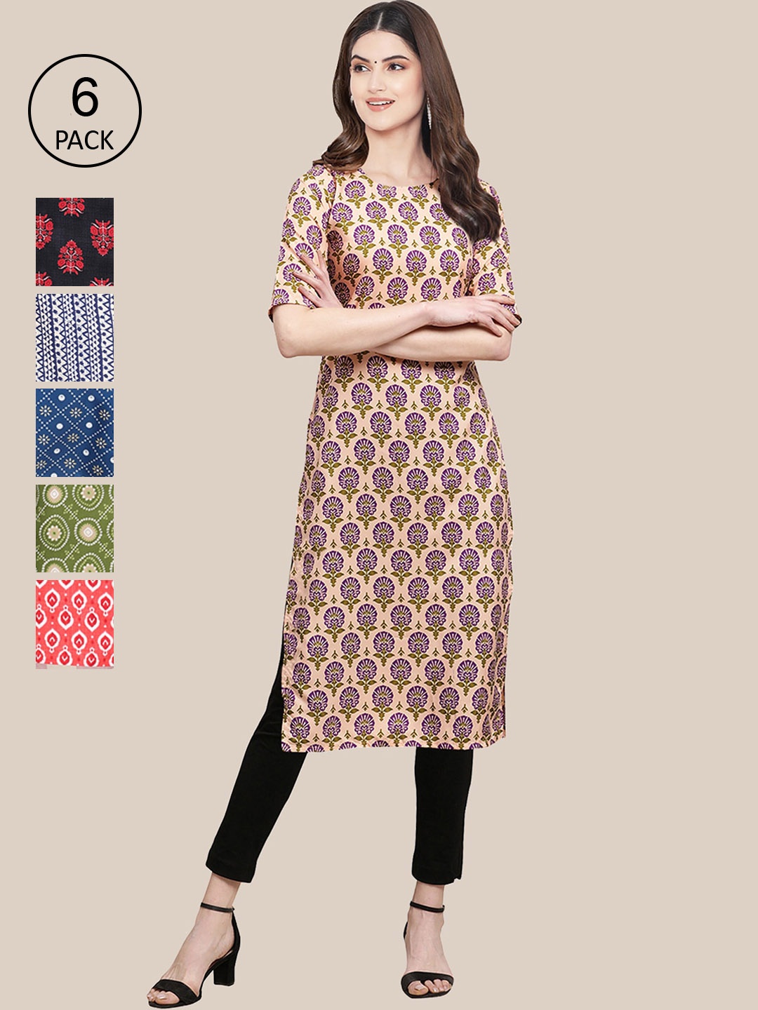 

Ethnic basket Women Pack of 6 Digital Printed Crepe Straight Kurtas, Black