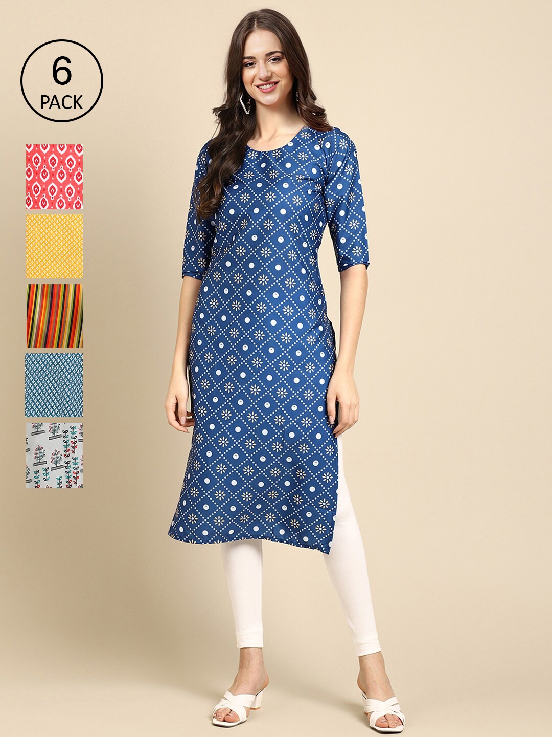 

Ethnic basket Women Pack of 6 Women Printed Straight Crepe Kurta, Multi
