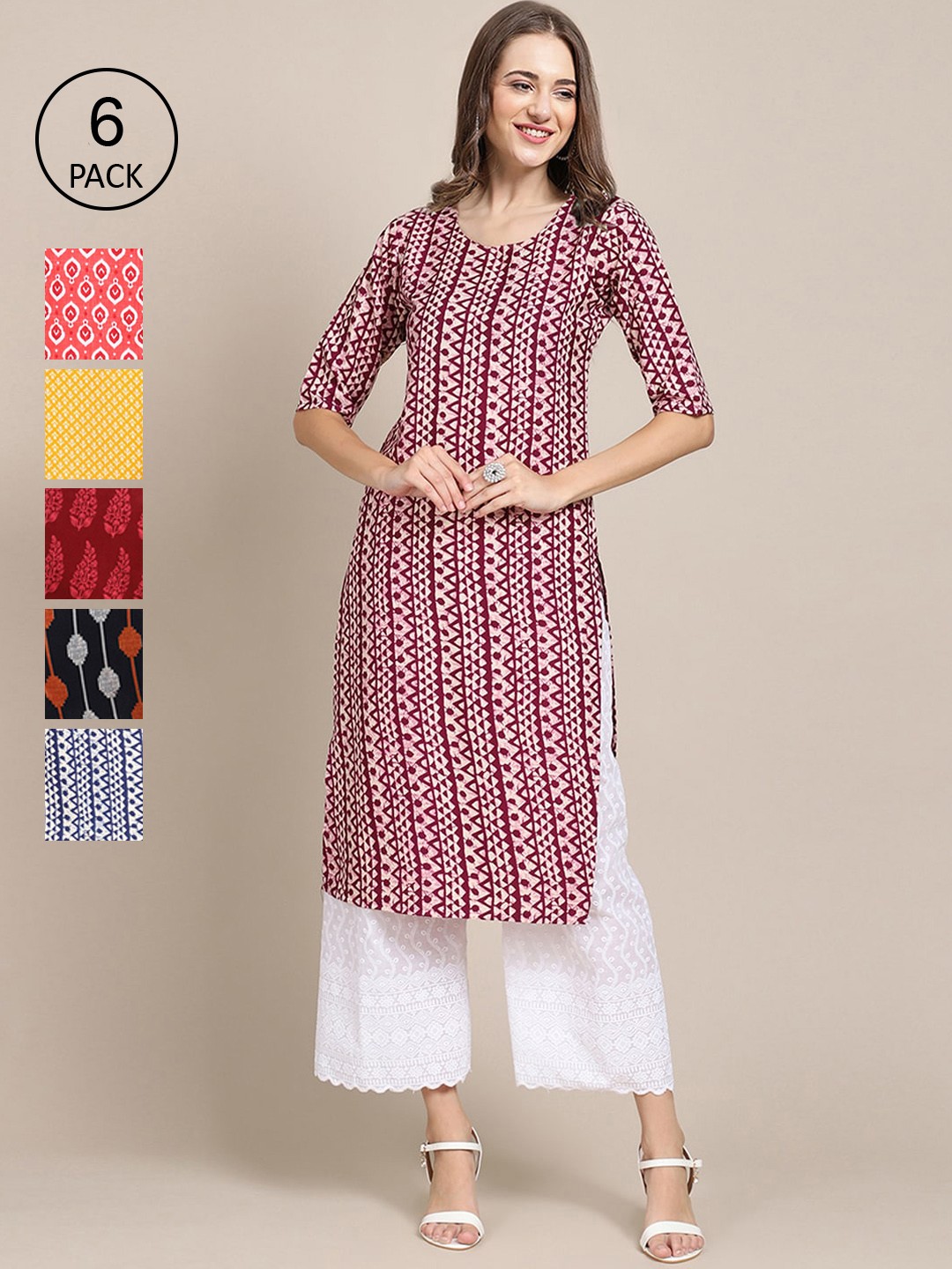 

Ethnic basket Women Pack Of 6 Ethnic Motifs Printed Crepe Kurta, Multi