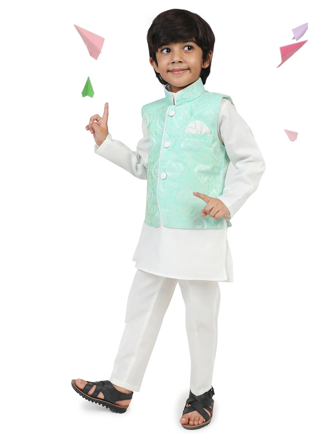 

Aj DEZInES Boys Turquoise Blue & white Solid Cotton Blend Kurta with Pyjamas & Jacket