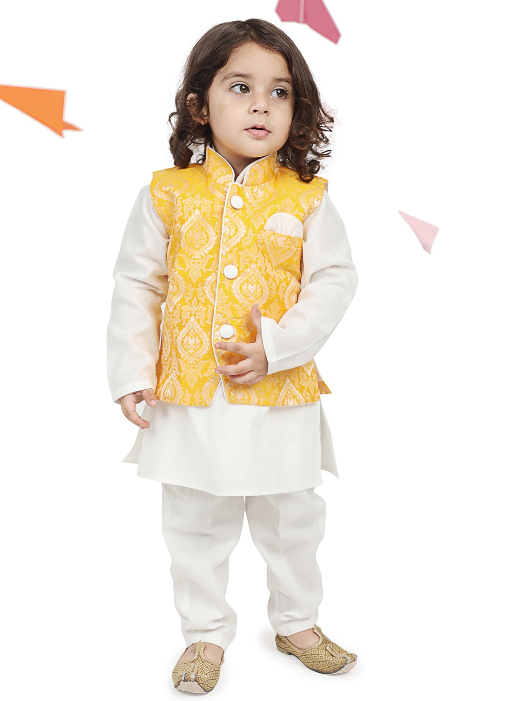 

Aj DEZInES Boys Yellow Ethnic Motifs Kurta with Pyjama & Jacket Set