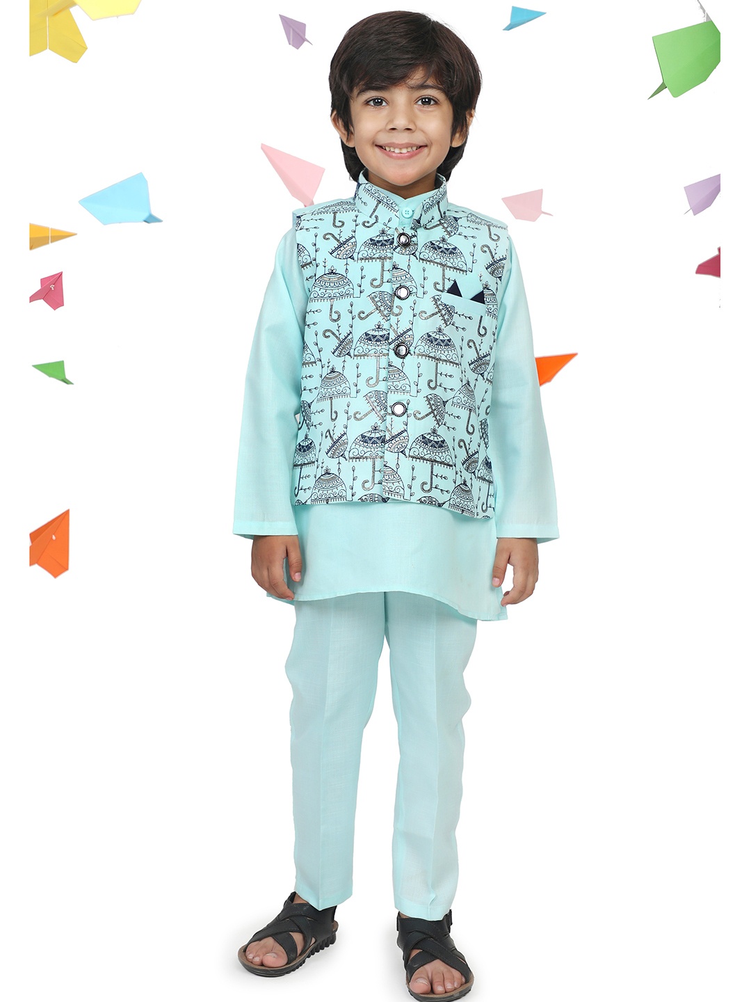 

Aj DEZInES Boys Turquoise Blue Floral Embroidered Kurti with Pyjamas