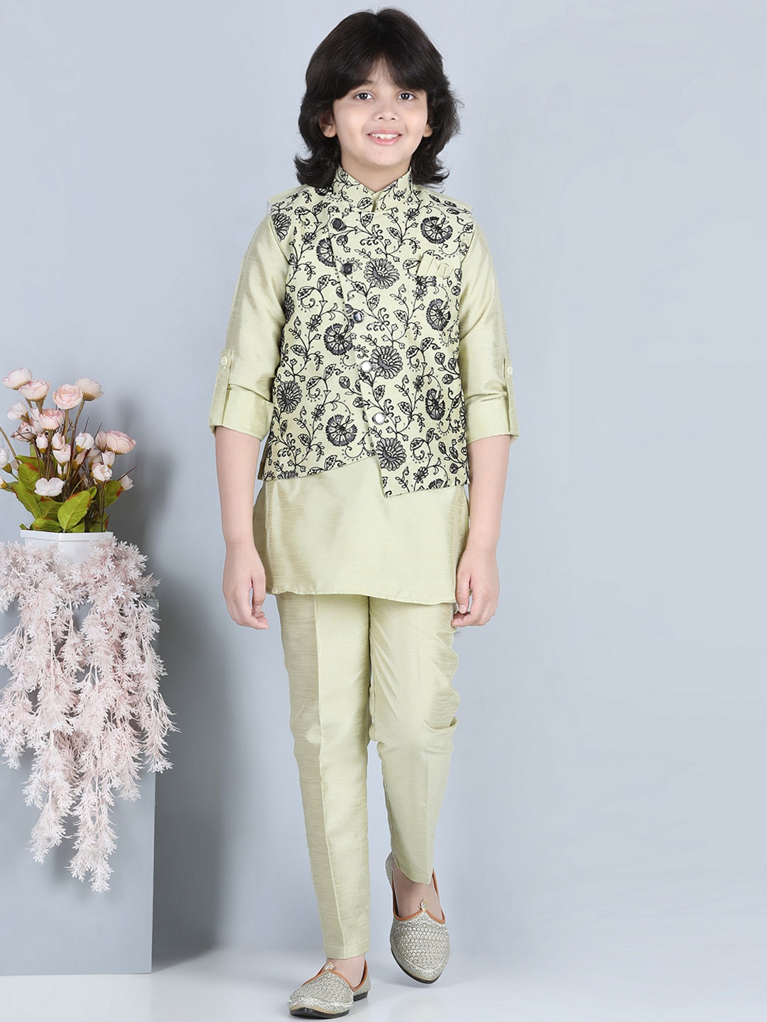 

Aj DEZInES Boys Yellow Floral Kurta with Dhoti Pants