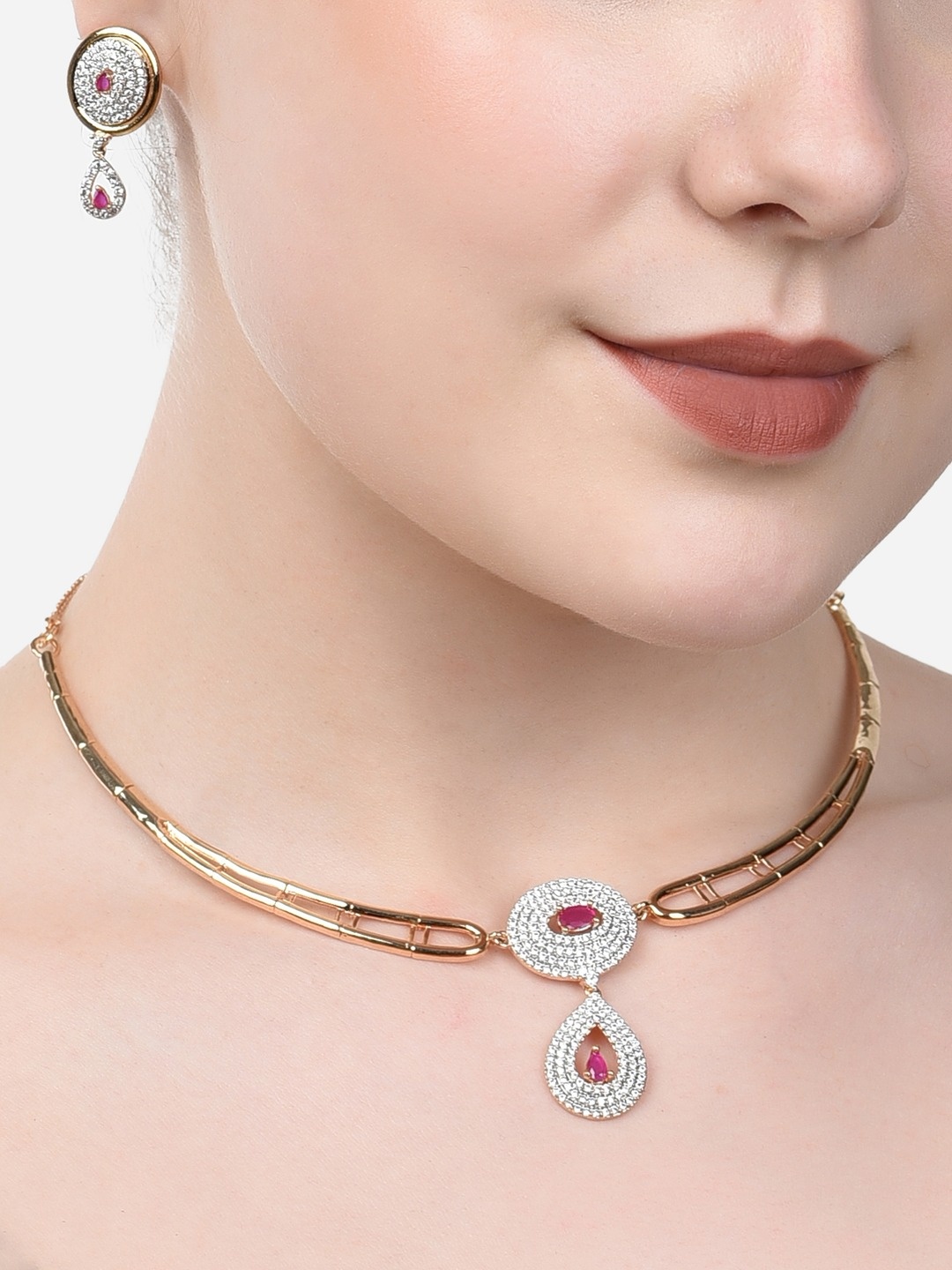 

AMI Women Gold-Plated & Pink CZ Studded Jewellery Set