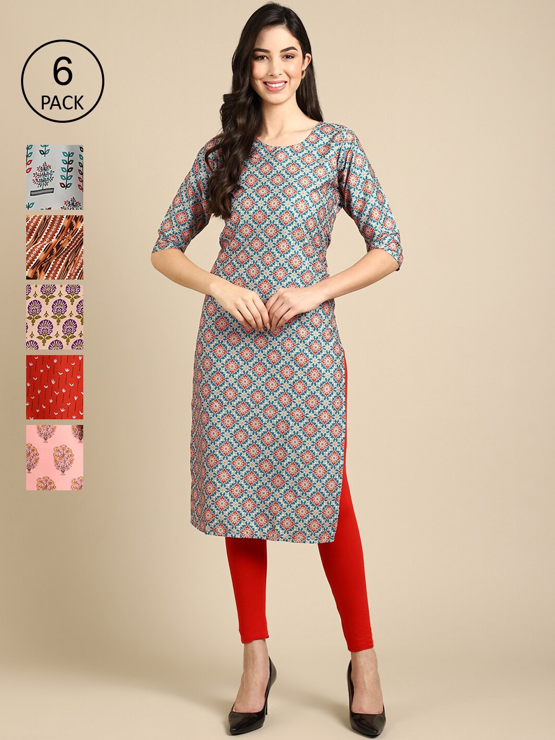 

Ethnic basket Women Multicoloured Pack of 6 Ethnic Motifs Printed Crepe Kurta, Multi