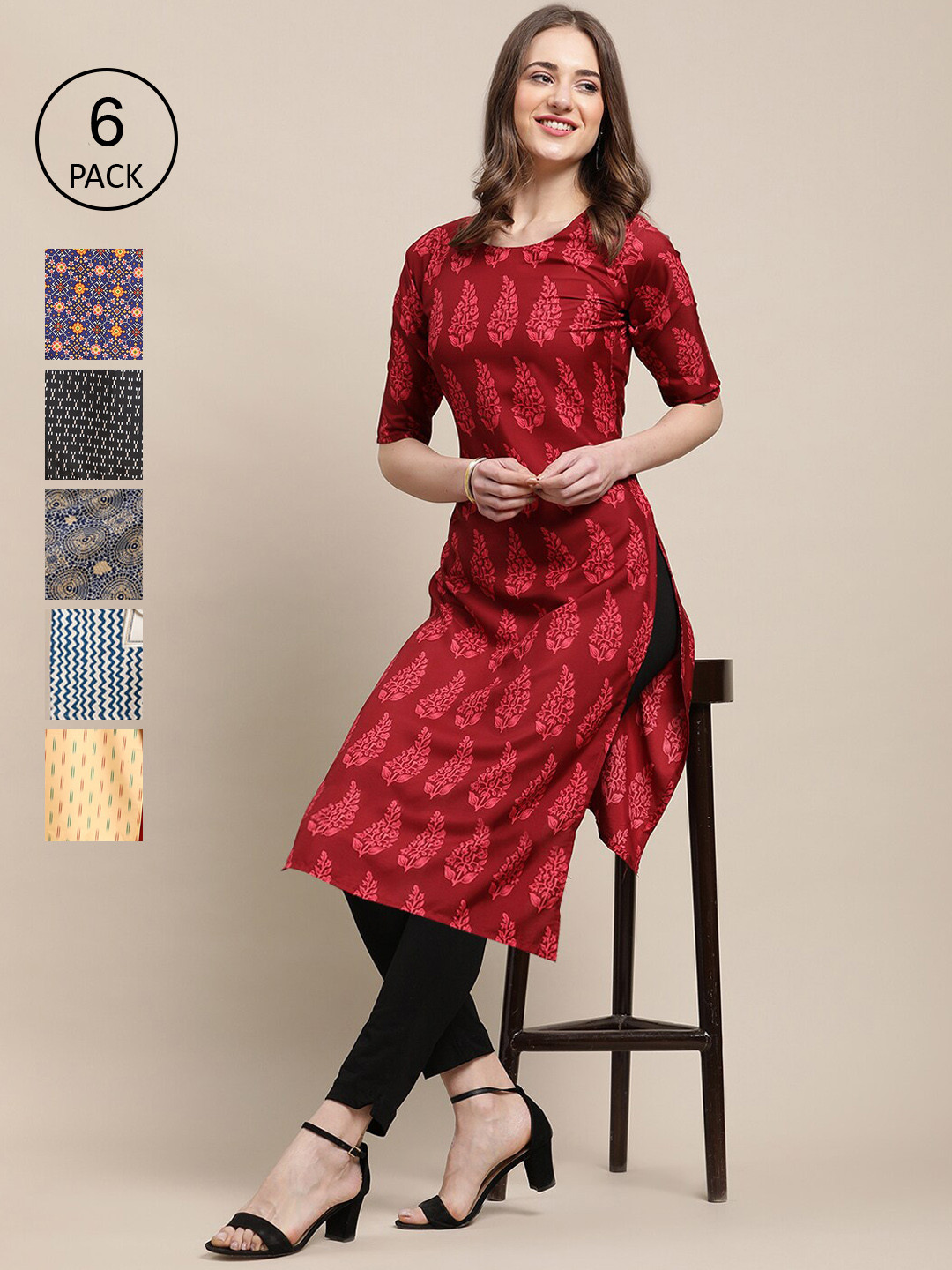 

Ethnic basket Women Pack Of 6 Geometric Printed Summer Sheers Crepe Kurta, Multi