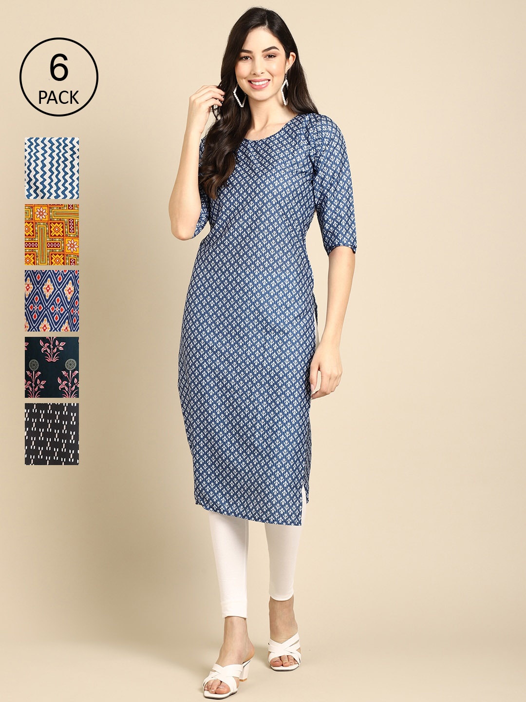 

Ethnic basket Women Pack of 6 Digital Printed Crepe Straight Kurtas, Blue