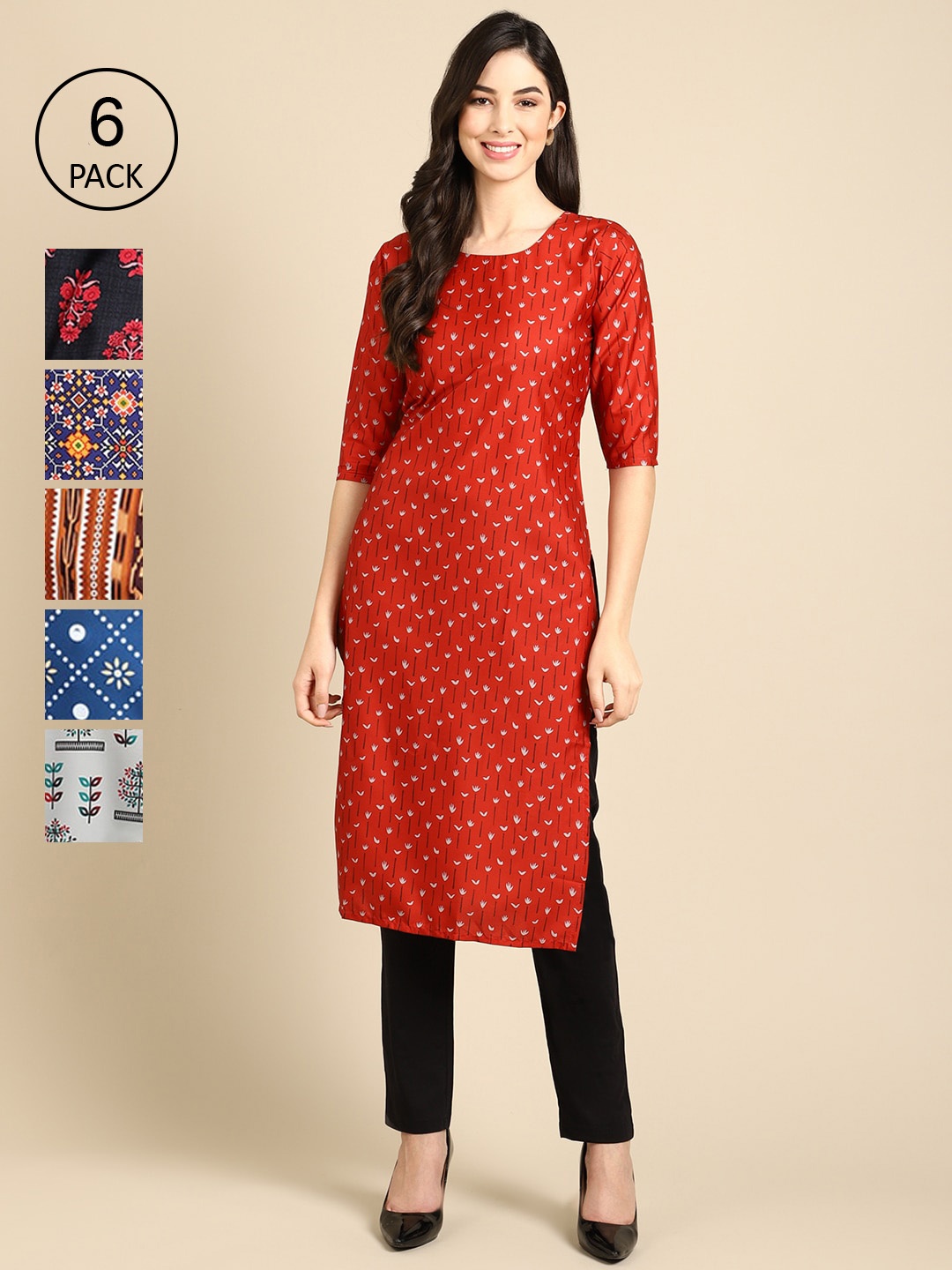

Ethnic basket Women Pack of 6 Women Printed Straight Crepe Kurta, Multi