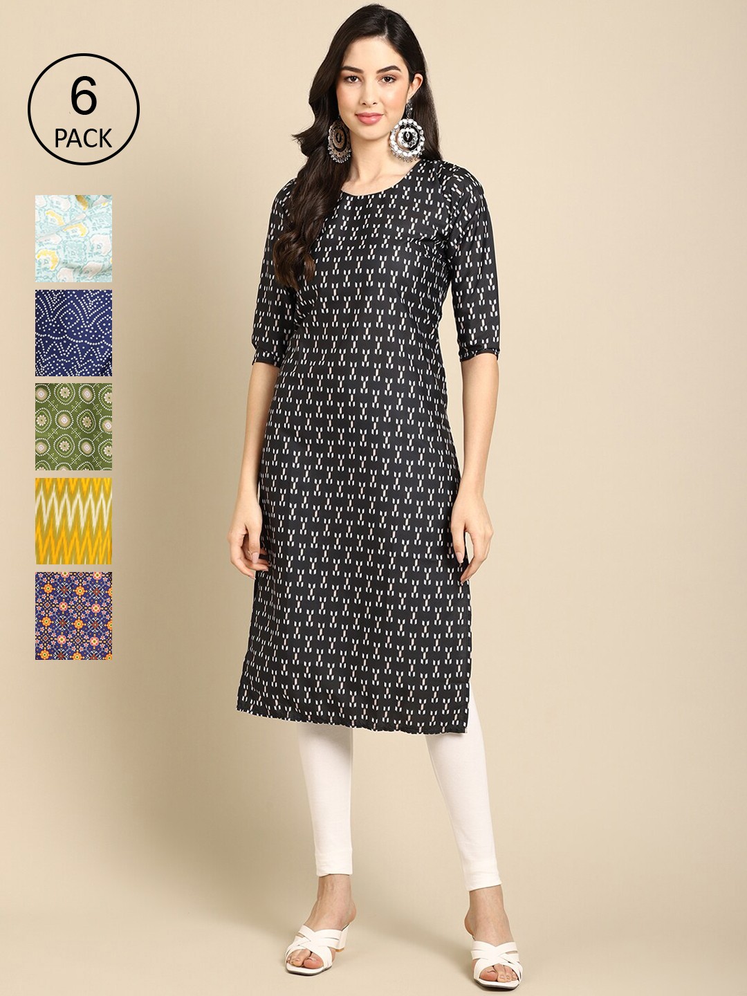 

Ethnic basket Women Pack Of 6 Summer Sheers Crepe Kurta, Black