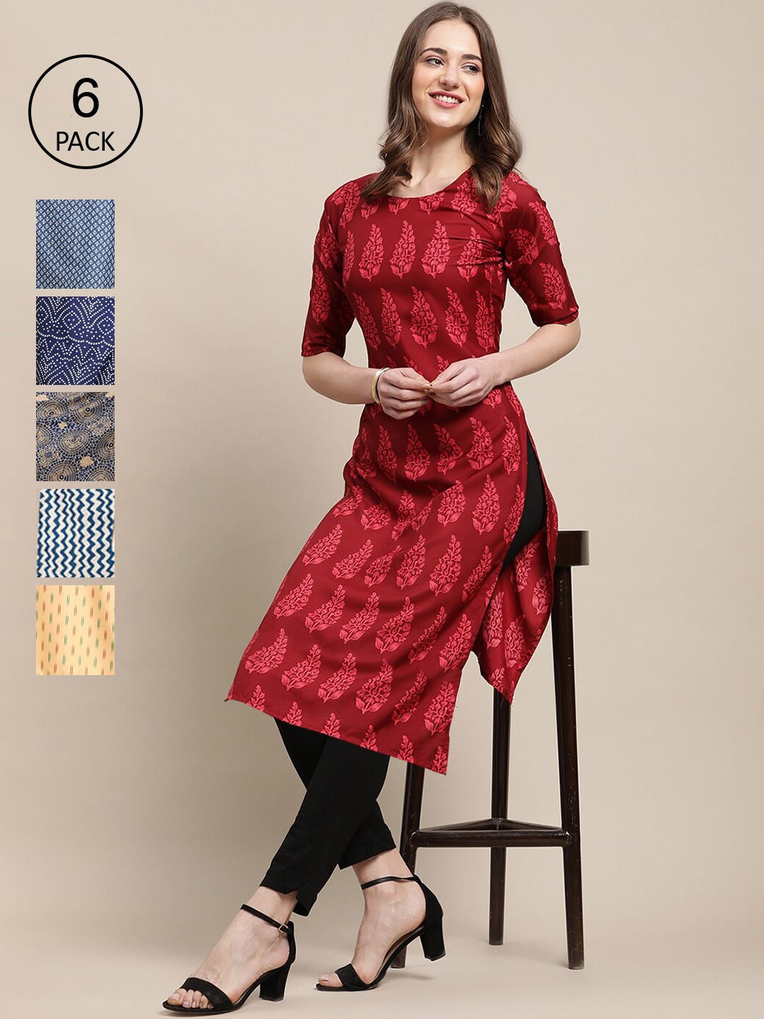 

Ethnic basket Women Pack of 6 Red & Blue Geometric Printed Crepe Kurta
