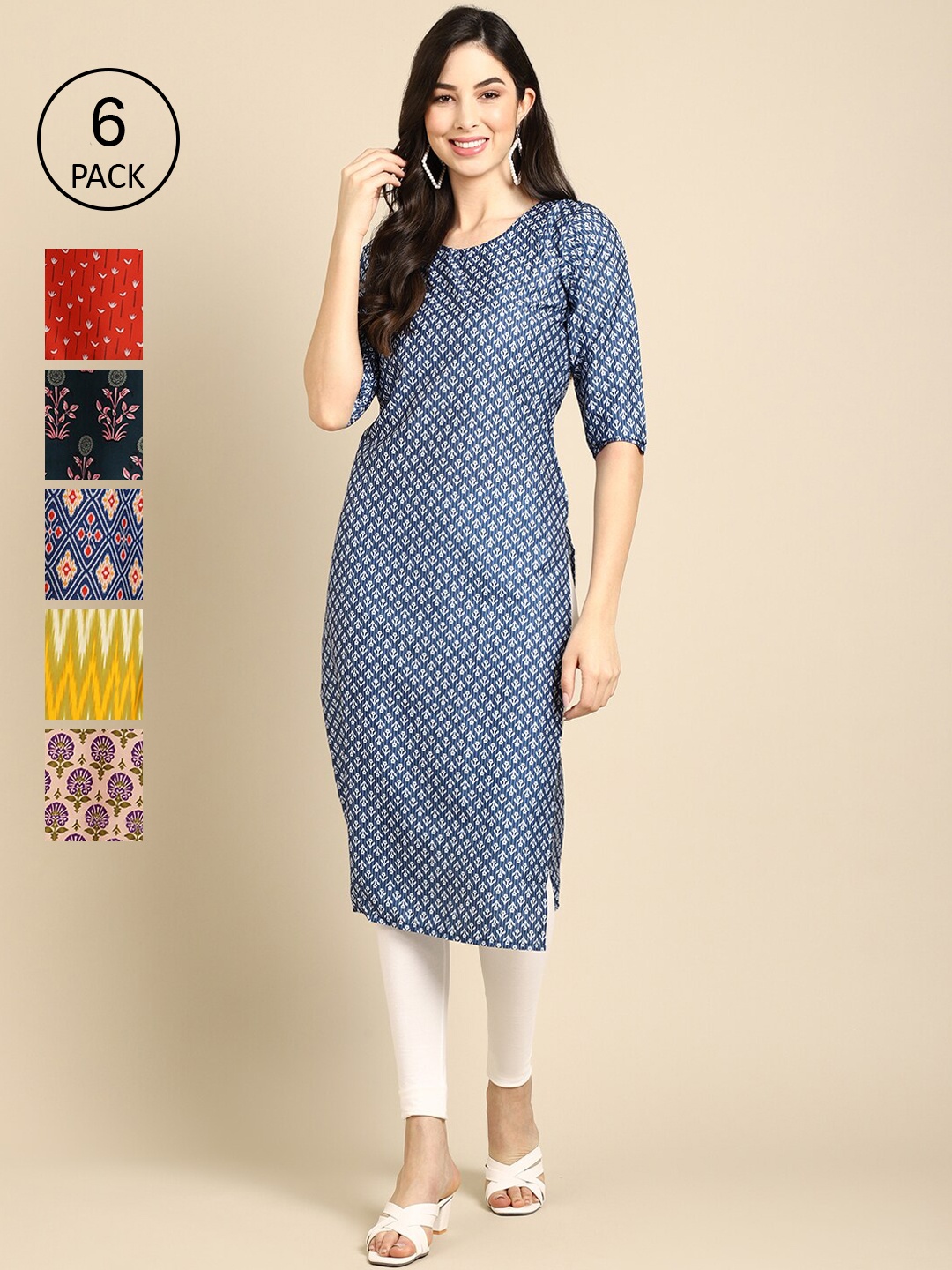 

Ethnic basket Women Set Of 6 Red & Blue Floral Printed Crepe Kurta