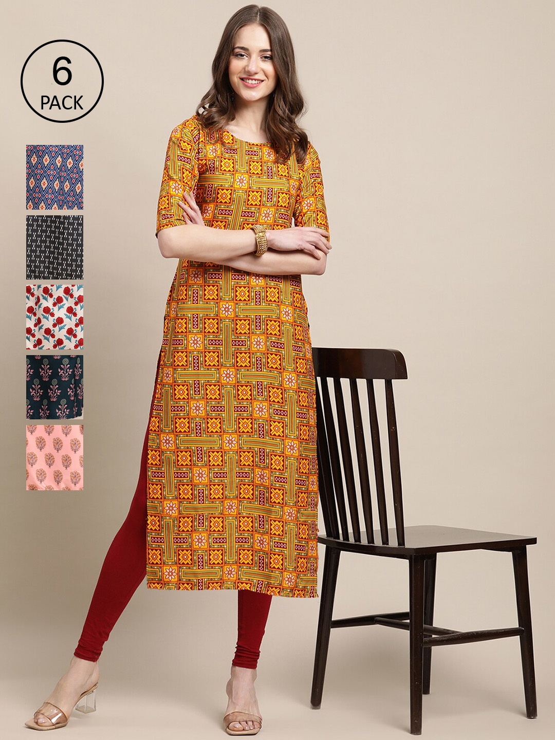 

Ethnic basket Women Pack Of 6 Ethnic Motifs Printed Crepe Kurta, Multi
