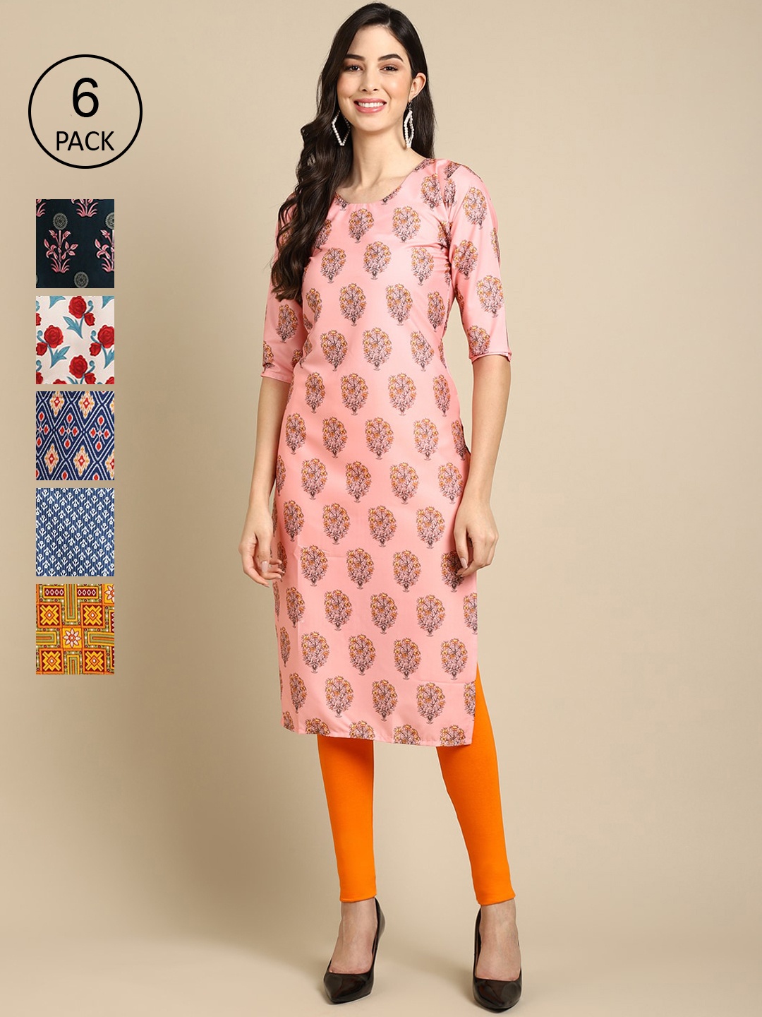 

Ethnic basket Women Pack Of 6 Peach-Coloured & Black Printed Crepe Kurta