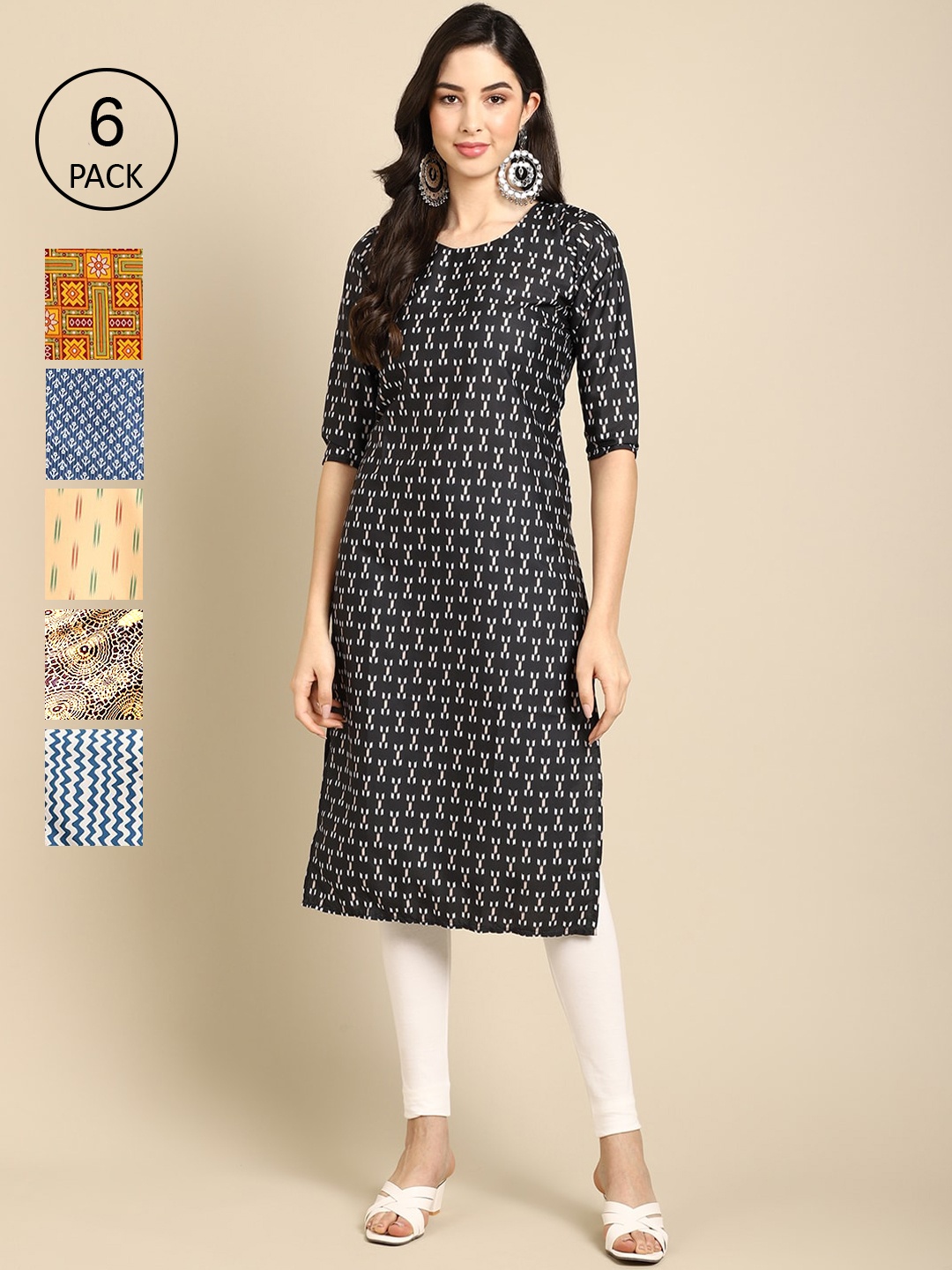 

Ethnic basket Women Multicoloured Geometric Checked Keyhole Neck Summer Sheers Crepe Kurta, Multi