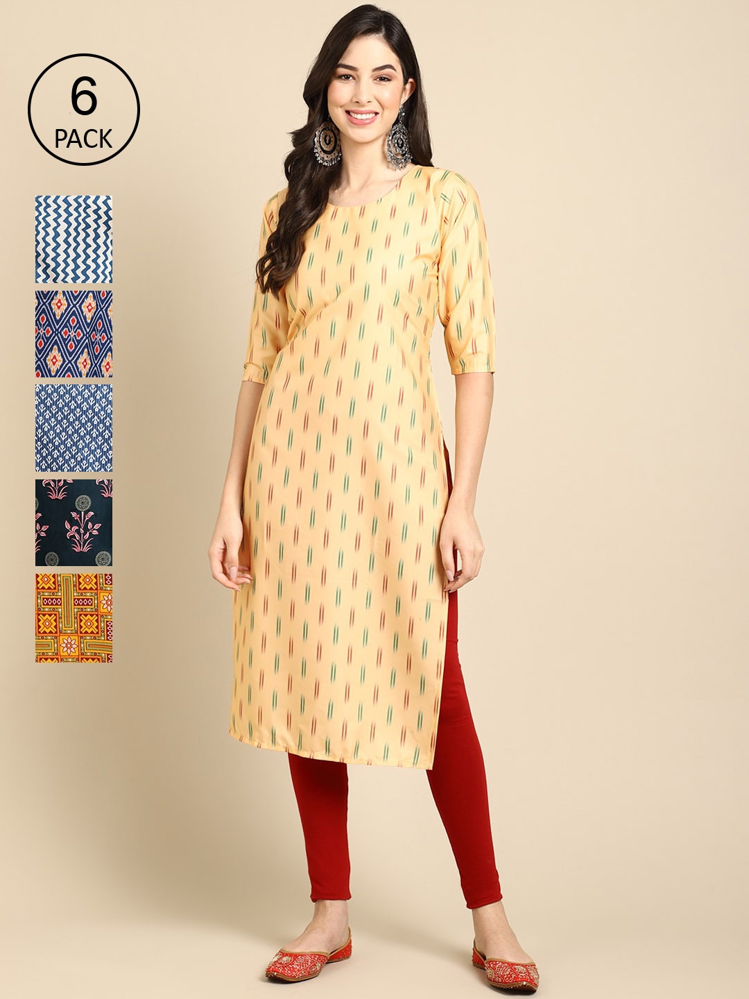 

Ethnic basket Women Pack of 6 Printed Summer Sheers Crepe Kurta, Cream