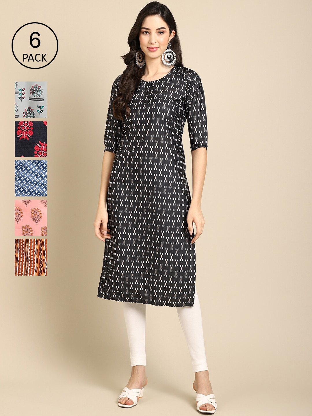 

Ethnic basket Women Pack Of 6 Floral Printed Crepe Kurta, Black