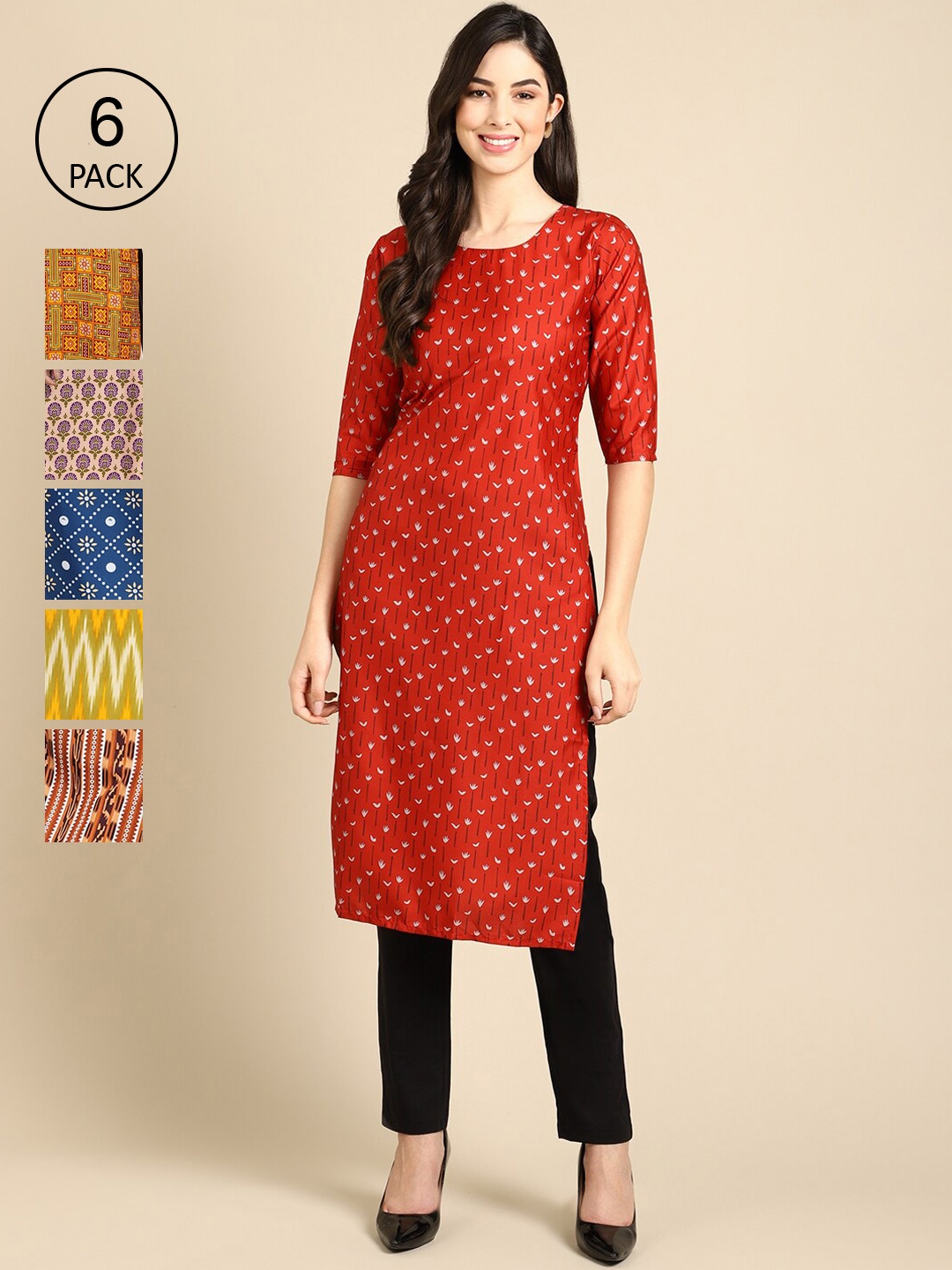

Ethnic basket Women Set Of 6 Red & Yellow Floral Printed Crepe Kurta