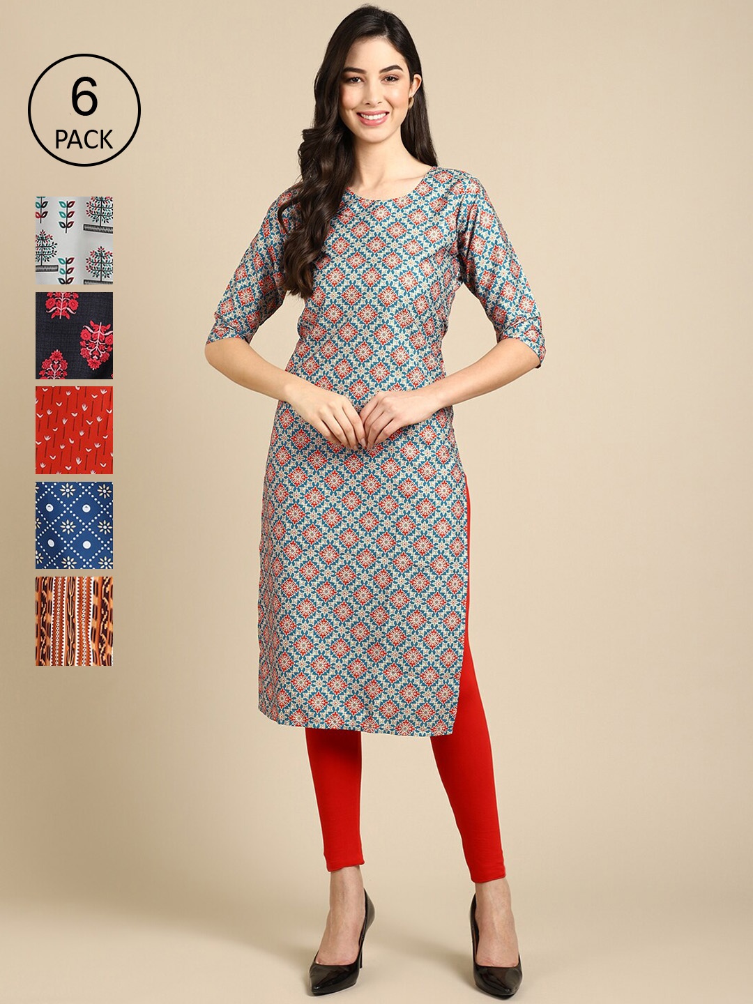 

Ethnic basket Women Pack Of 6 Geometric Printed Crepe Kurta, Blue