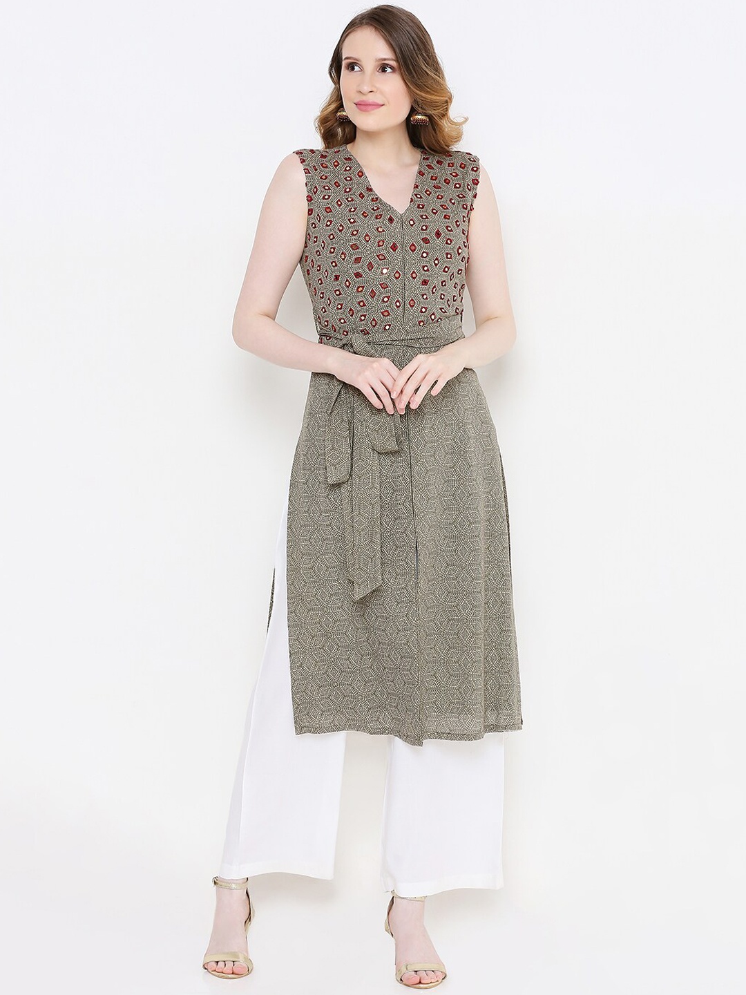 

aturabi Women Olive Green Printed Mirror Work Sleeveless Kurta