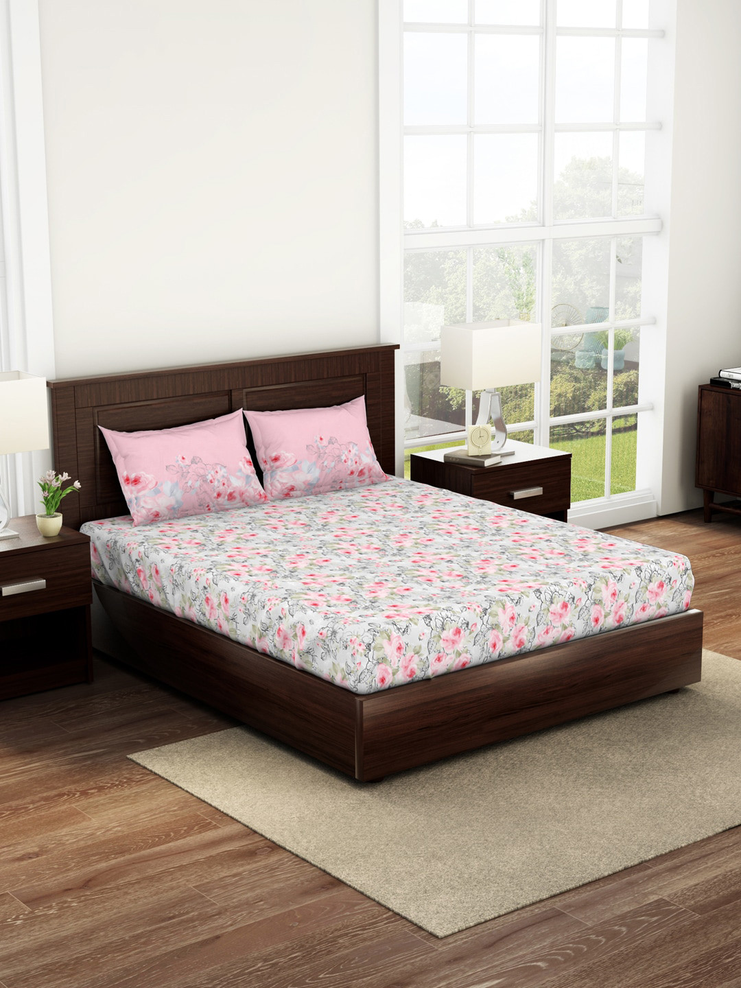 

SPACES Pink & White Floral 144 TC Queen Bedsheet with 2 Pillow Covers