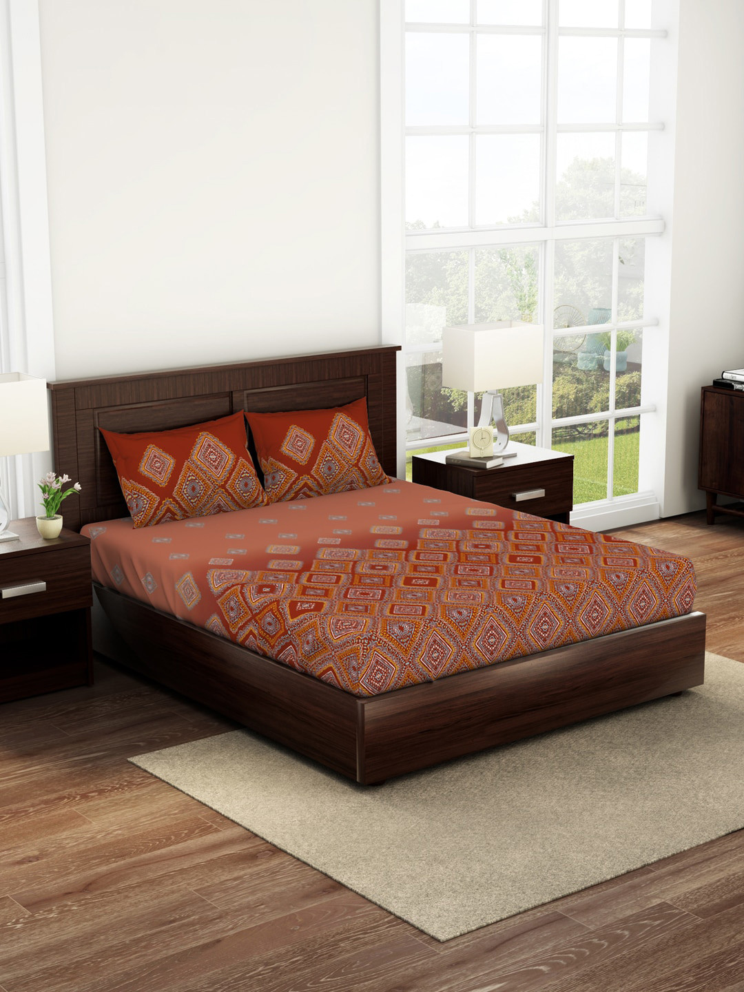 

SPACES Orange & Blue Ethnic Motifs 144 TC King Bedsheet with 2 Pillow Covers