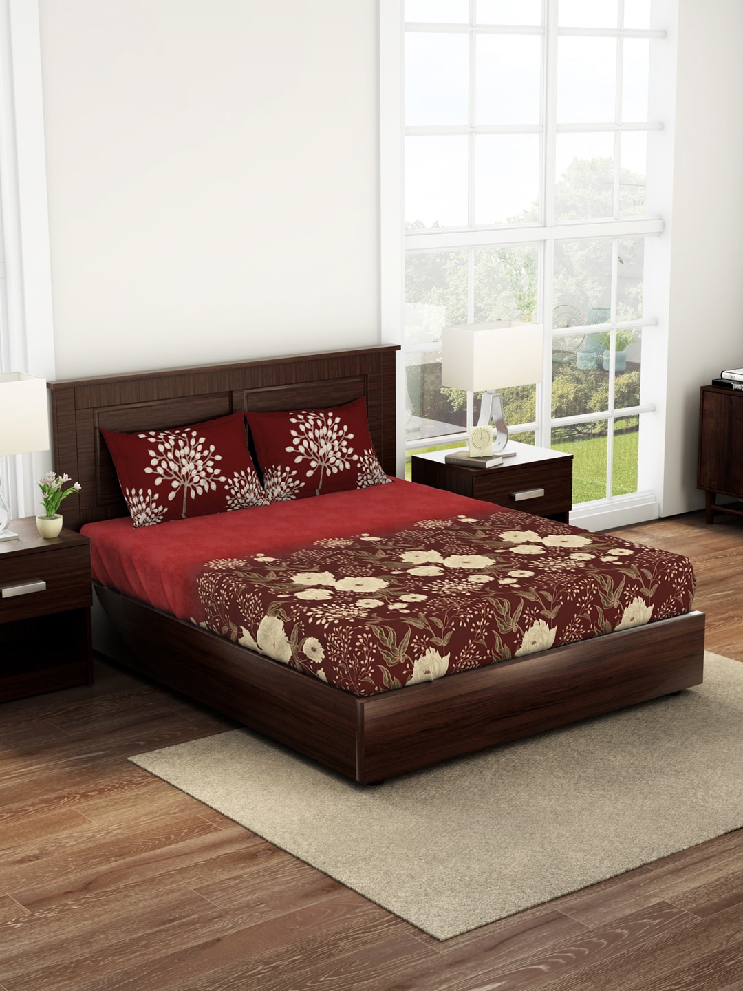 

SPACES Red & Cream-Coloured Floral 144 TC King Bedsheet with 2 Pillow Covers