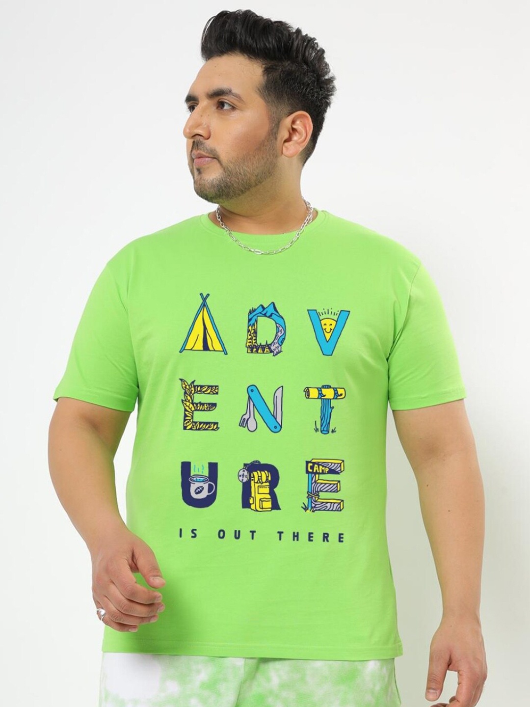 

Bewakoof Plus Men Green Typography Printed Raw Edge T-shirt Plus size