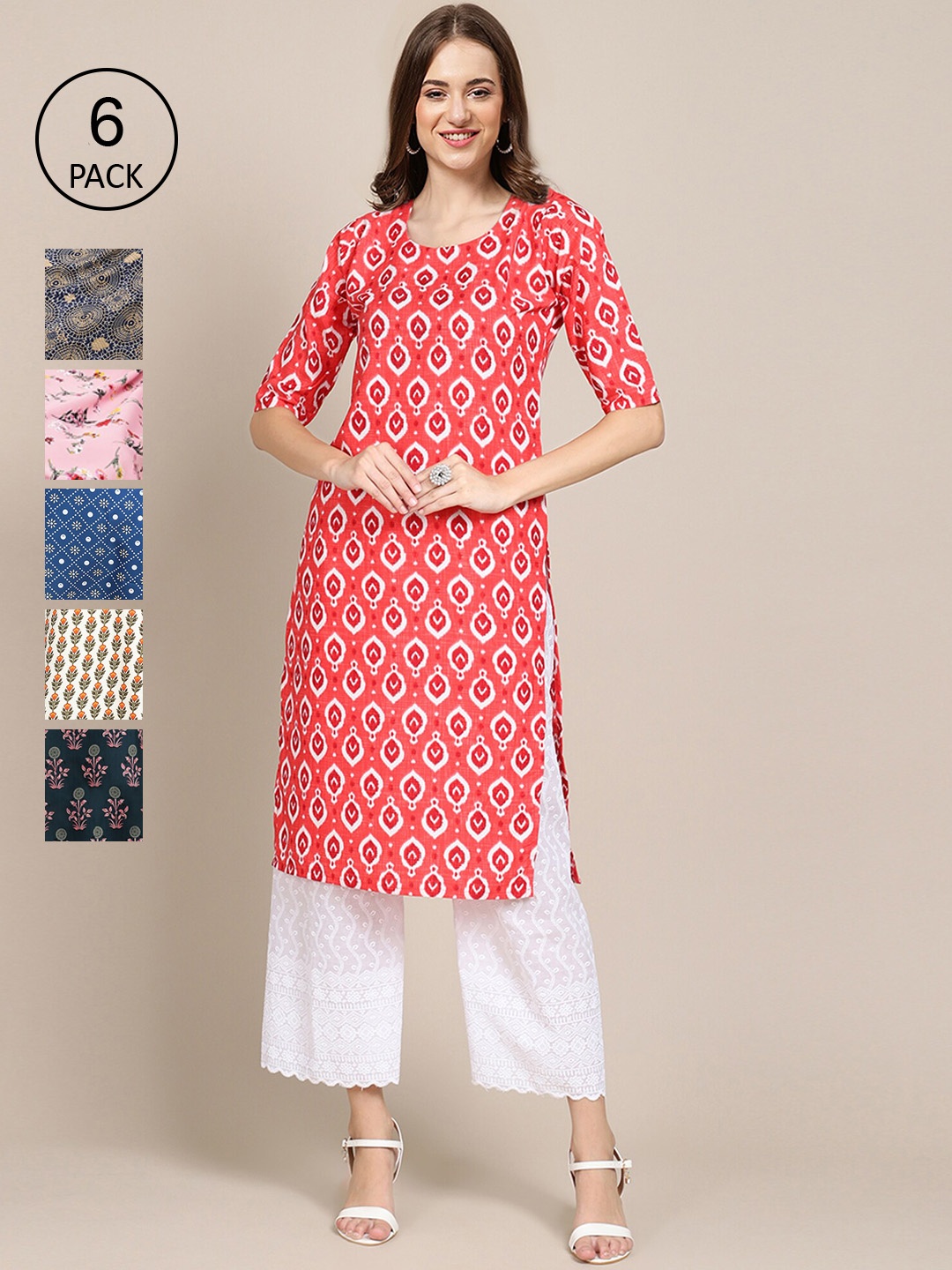 

Ethnic basket Women Pack Of 6 Geometric Printed Block Print Crepe Kurta, Pink
